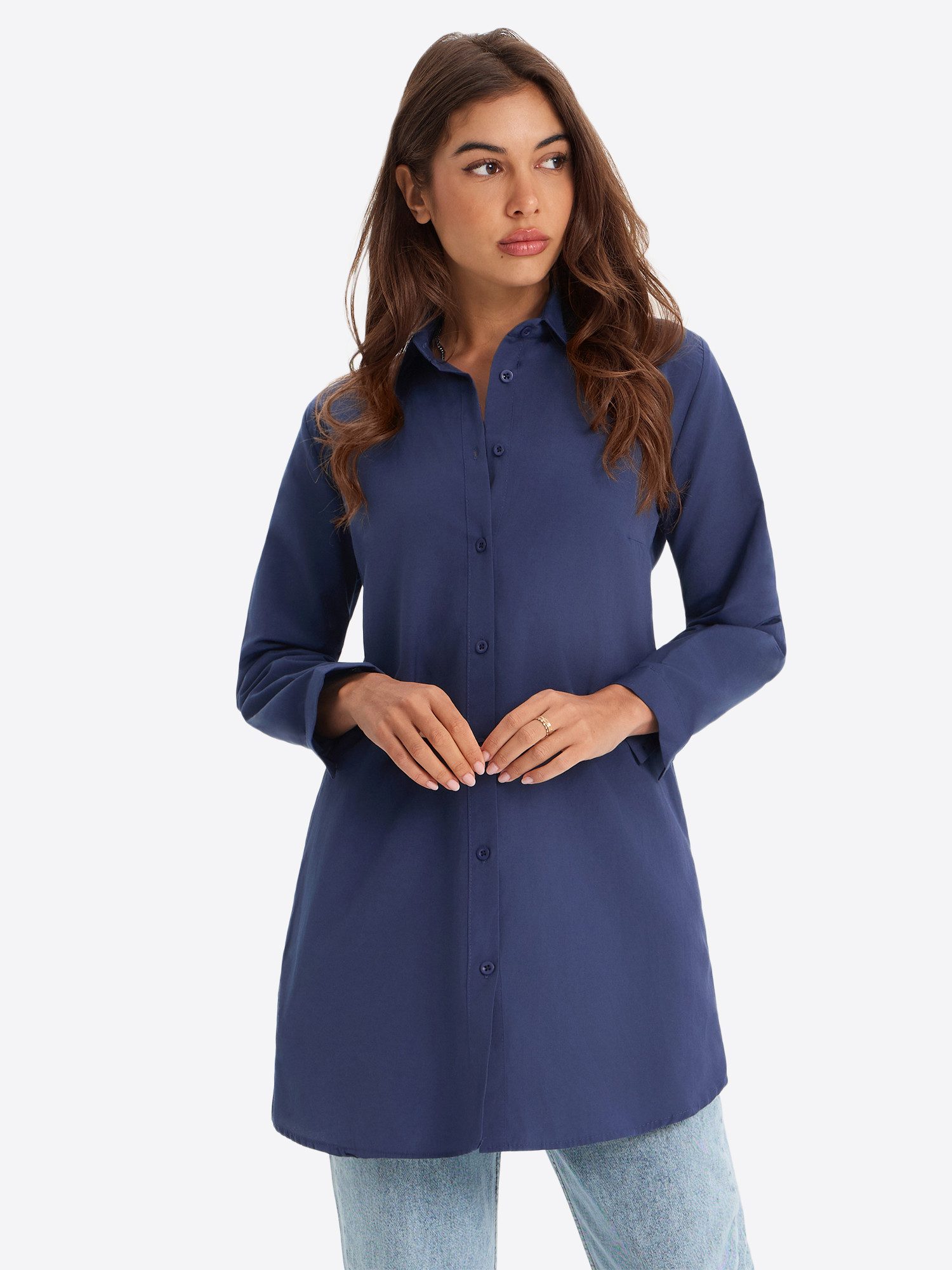 Imily Bela Blusenkleid Damen Langarm Bluse Kleid Elegant mit Hemdkragen und Knopfleiste (Packung, 1-tlg., 1per-Pack) in Unifarbe