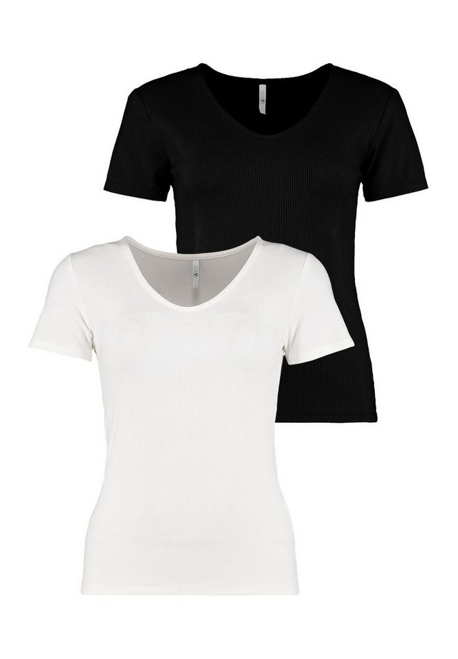 (2-tlg) T-Shirt Stretch 6916 Geripptes T-Shirt Pack 2-er Schwarz-Weiß Oberteil Top in HaILY\'S
