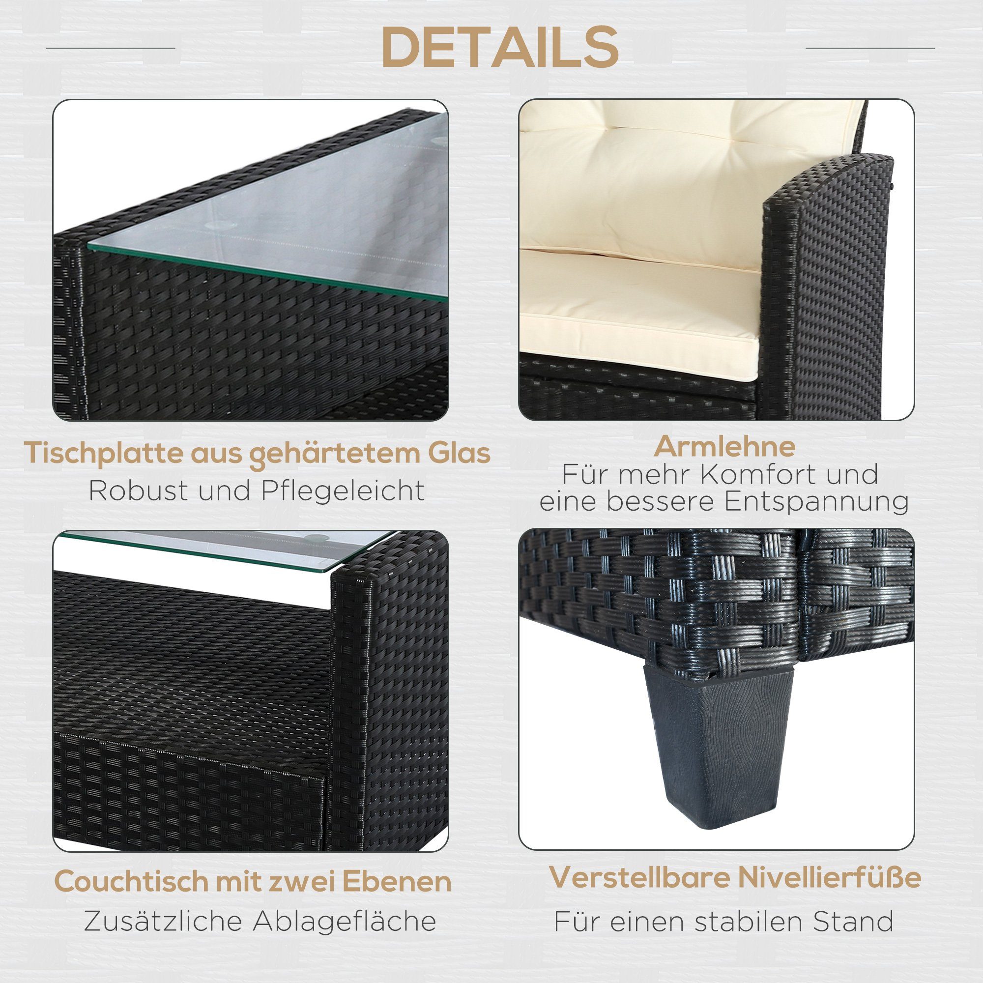 Outsunny Sitzgruppe Polyrattan Sitzgarnitur 4 TLG., (Gartenset, 4-tlg., Sitzgruppe), Metall Luxus Schwarz 124L x 68B x 76H cm
