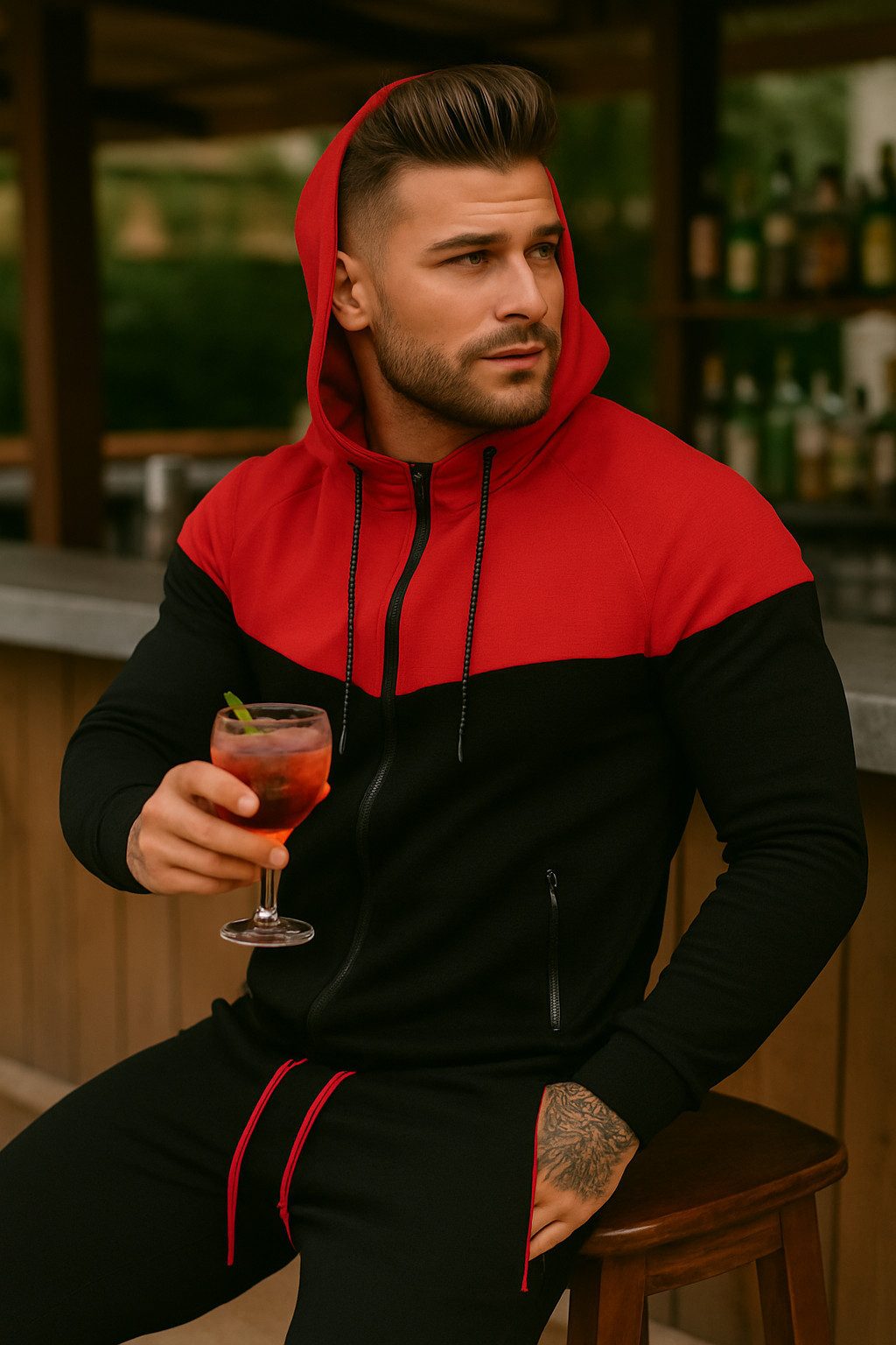 L.gonline Freizeitanzug Herren Jogginganzug, Freizeitanzug 984 Schwarz/Rot S (Kapuzenjacke mit Reißverschluss, Hose, 2-tlg), Fitness Freizeit Casual