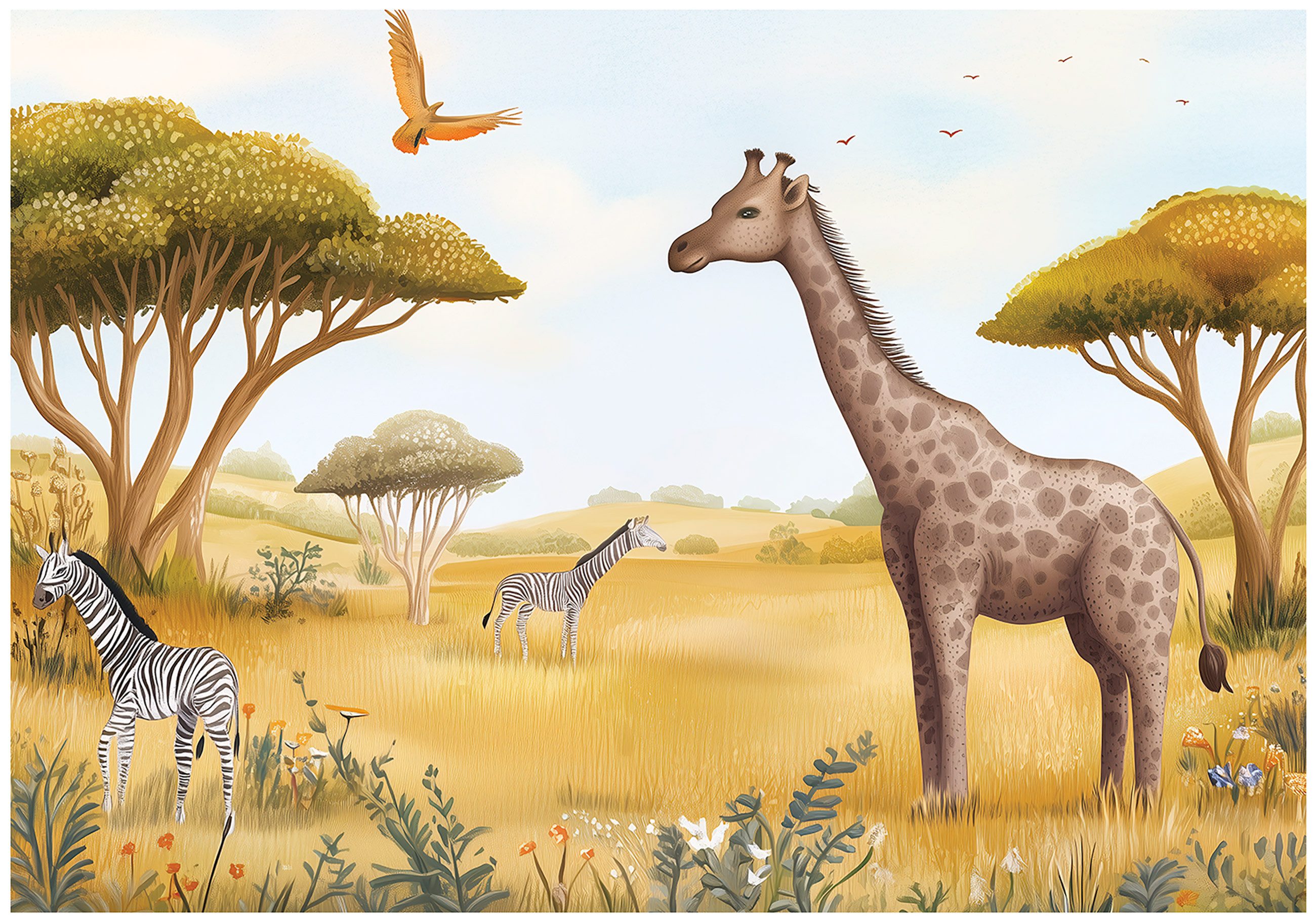 Wallarena Fototapete Kinderzimmer Tiere Giraffe Wiese Kinder Vlies Tapete Wandtapete, Glatt Vlies Washable, Savanne, Tiere, Giraffe, (Packung, 8 St., Vlies Fototapete), Vliestapete Tiere Giraffe Kinderzimmer Tapete + Kleister Motivtapete
