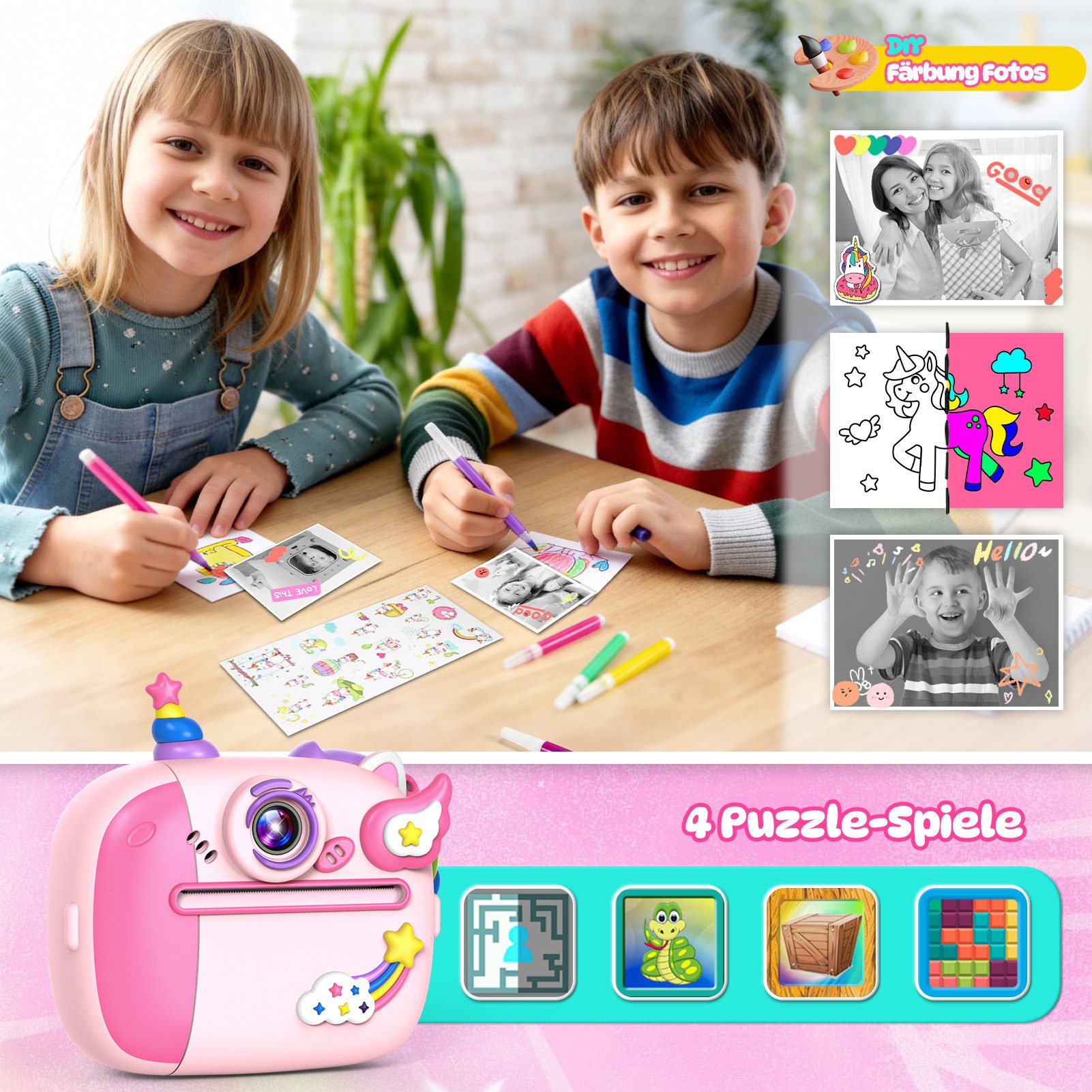 Wootoy Kinder Sofortbildkamera 48MP 1080P HD Digitalkamera Spielzeug Kinderkamera (3A03, 48 MP, inkl. 16-facher Digitalzoom und 2,4-Zoll-IPS-Display, Thermodruc – Bild 5 von 5