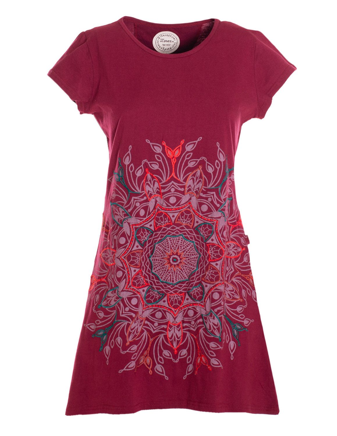 Vishes Minikleid Kurzarm Tunika Minikleid Damen Besticktes Mandala Baumwolle Alternative Mode, Boho, Hippie, Ethno, Festival