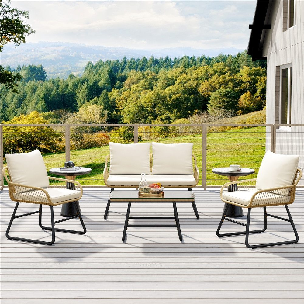 Yaheetech Gartenlounge-Set 4 tlg., 2 Sessel, 1 Zweisitzer-Sofa & 1 Glastisch Wetterfest für Außenbereiche