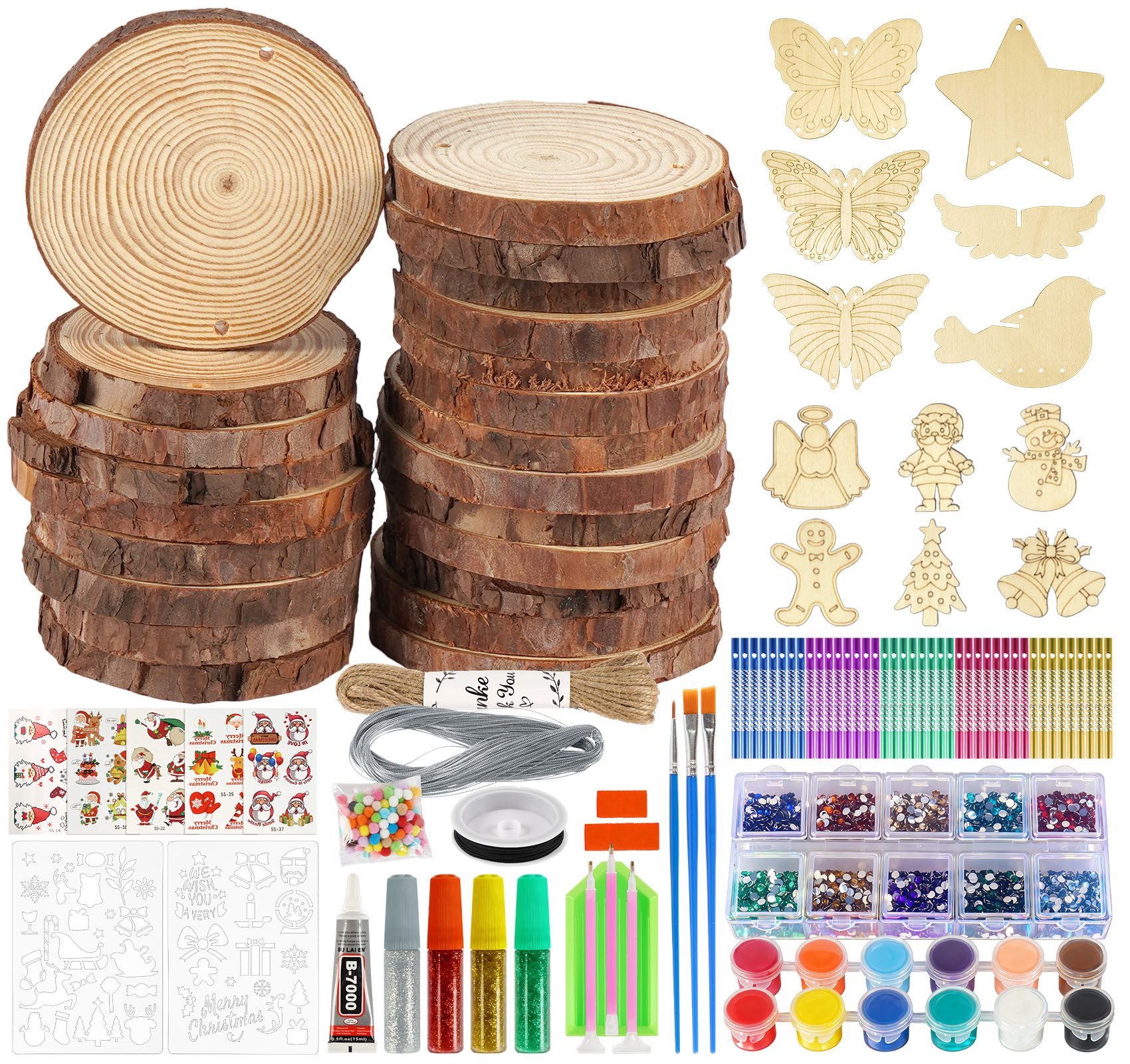 ElitVita Rindenscheiben 22 Stück Holzscheiben, 8-9cm, mit 8 Stück Windspiel Bastelset, (22-tlg), Unbehandeltes Naturholz, für Weihnachtsbaum Weihnachtsdeko Handwerk