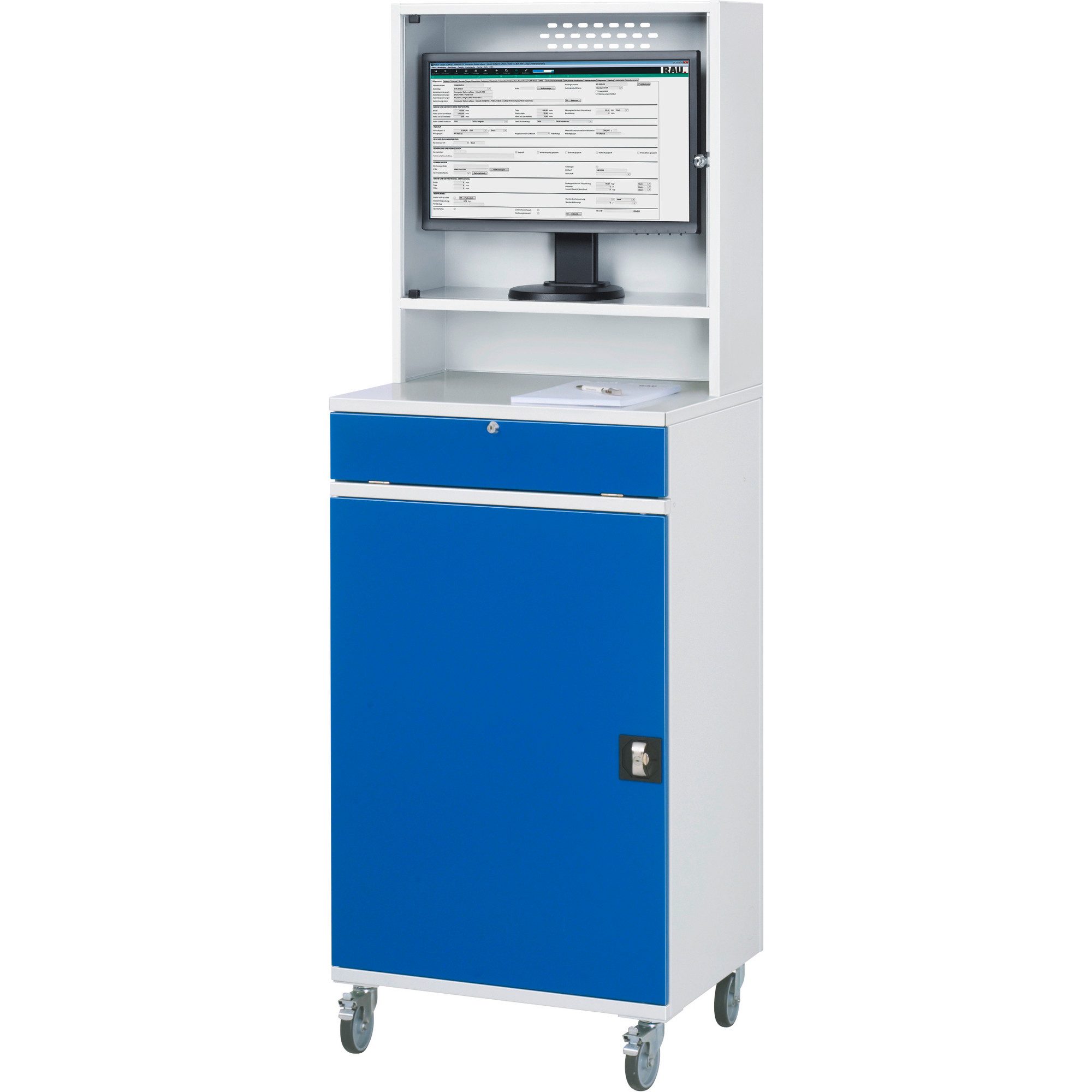 RAU Schreibtisch Computerschrank 650x520x1895mm Monitorgehäuse mobil lichtgrau/enzianbl