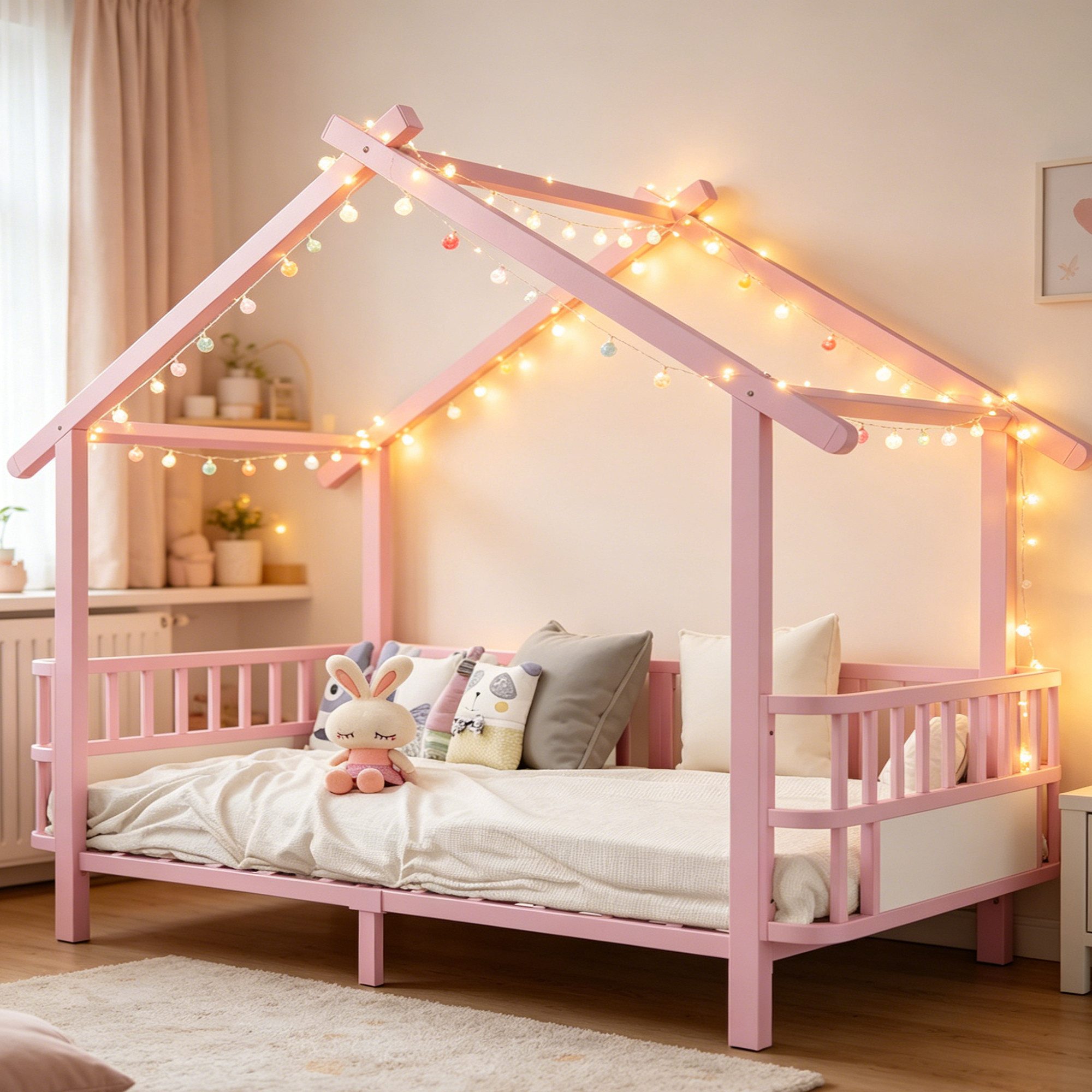 Odikalo Bettgestell Kinderbett Jugendbett Doppelbett 90/140×200 Ohne Matratze (Hausform mit Sicherheitsgitter Dachdesign und dekorativem Rahmen für Jungen und Mädchen(Ohne LED-Leuchten)