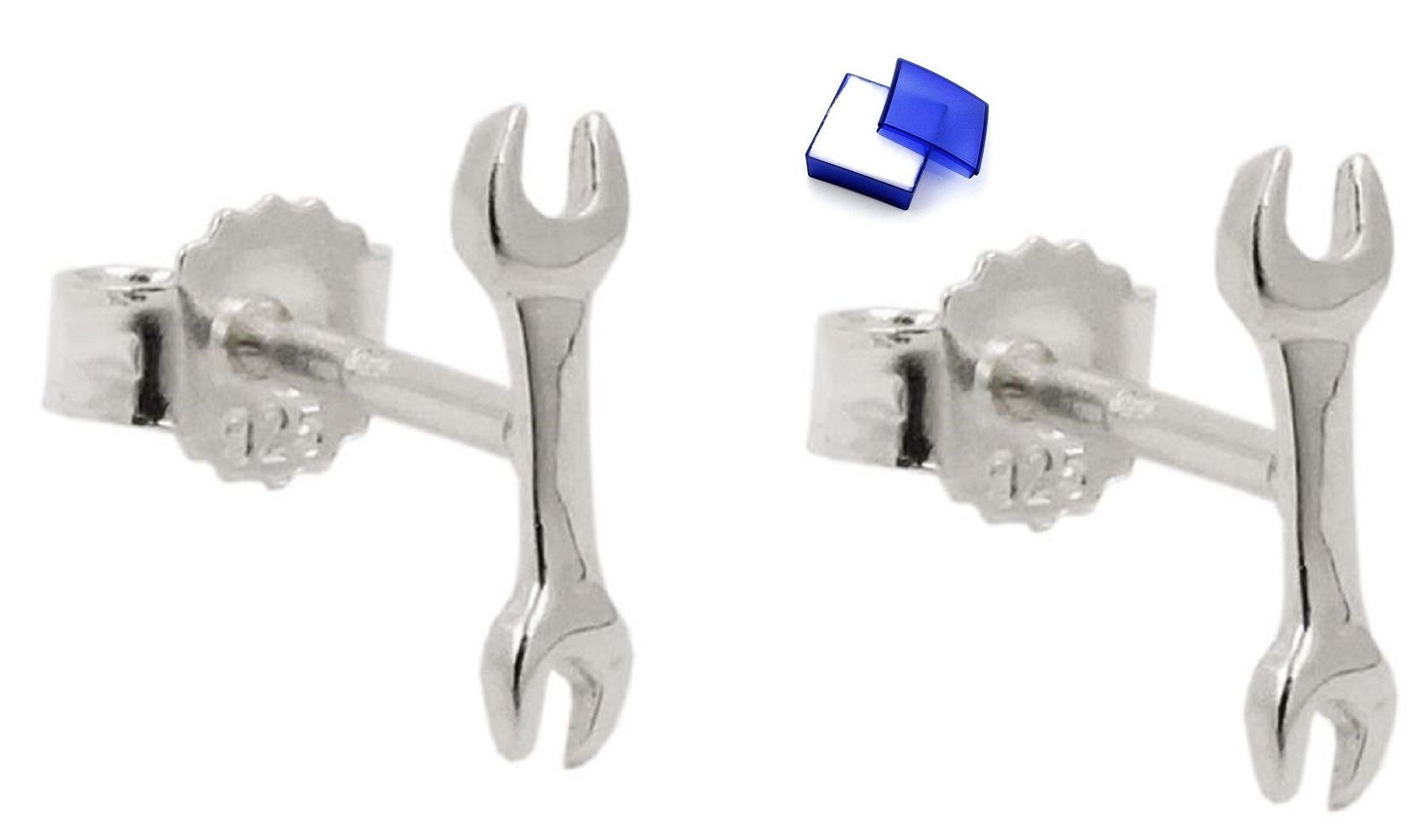 unbespielt Paar Ohrstecker Ohrringe Schraubenschlüssel 925 Silber kleine Schmuckbox, Silberschmuck für Damen und Herren