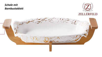 ZELLERFELD Schale »Trendmax Set Schalen mit Bambustablett Brett Porzellan Snackschalenset Cerezlik Service Dessert Dips Saucen weiß-gold«