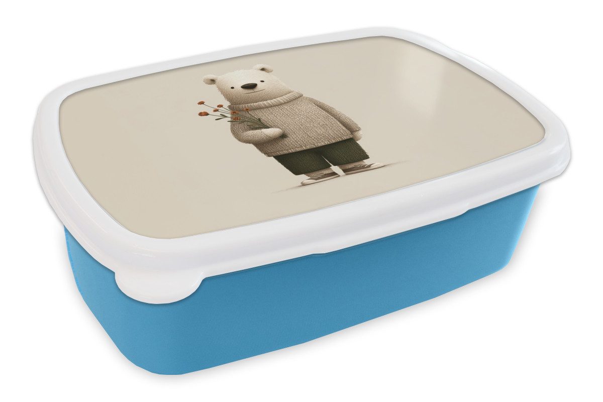 MuchoWow Lunchbox Teddybär - Orangefarbene Blumen - Freundlich, Kunststoff, (2-tlg), Brotdose, Lunchbox, Brotbox für Kinder und Erwachsene