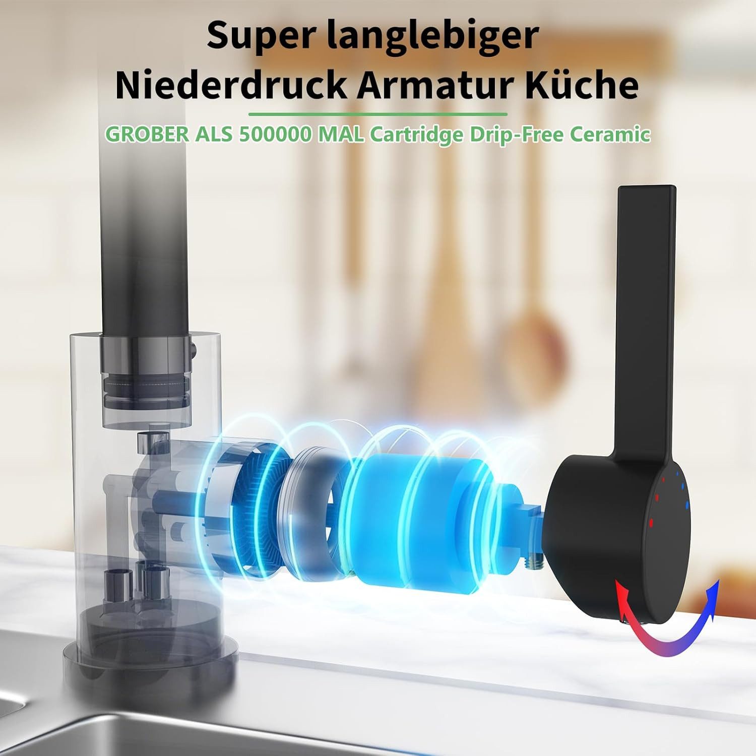 GarveeMore Küchenarmatur Niederdruck mit 2 Strahlarten,360 ° Drehbare Wasserhahn Küche Leicht zu zerlegen und zu waschen,Spültischarmatur,Untertischgeräte – Bild 5 von 5