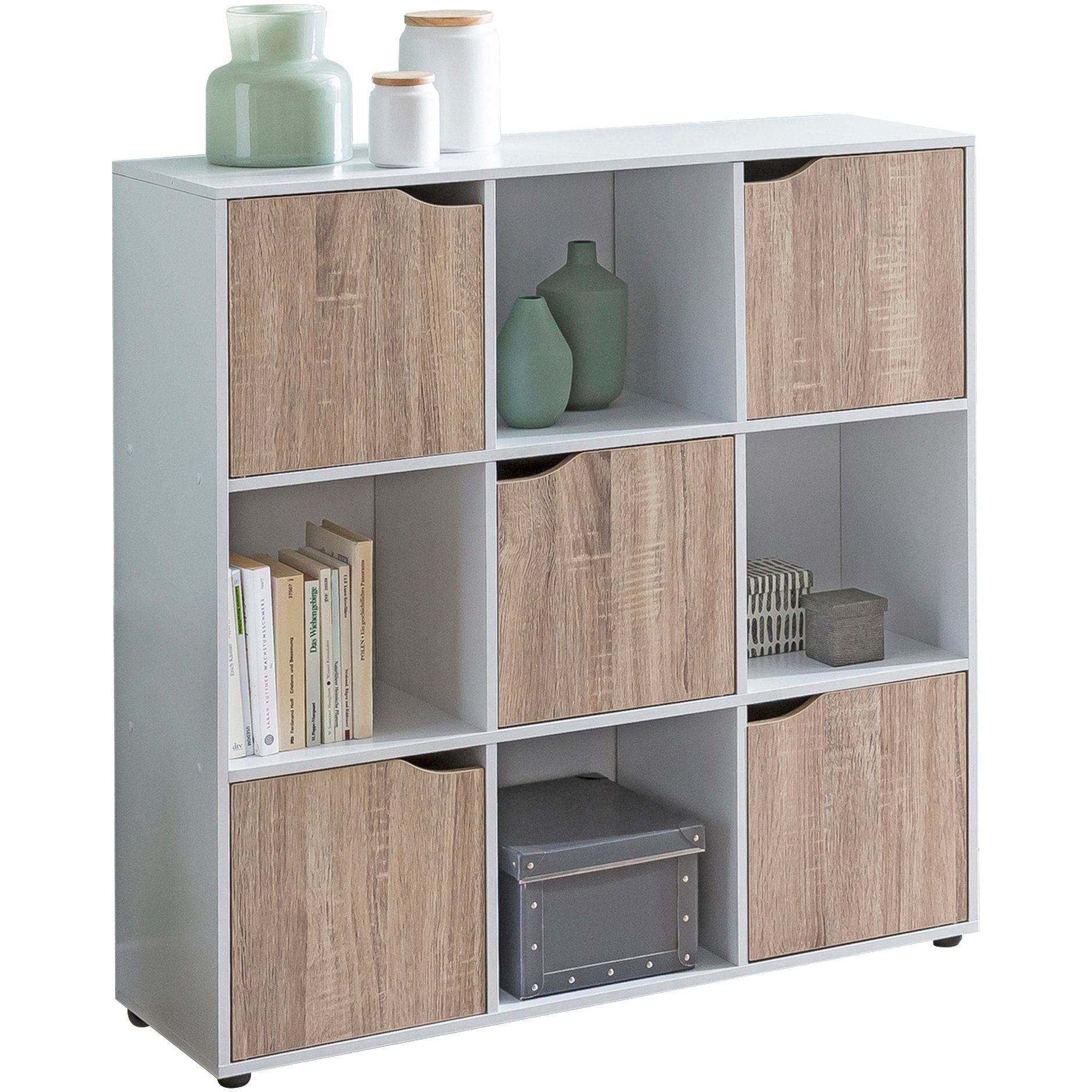 Bücherregal Türen, Raumteiler Sideboard Fächern mit FINEBUY Standregal 5 cm, Würfelregal 9 89x91x29 mit Weiß, FB49685, Sonoma