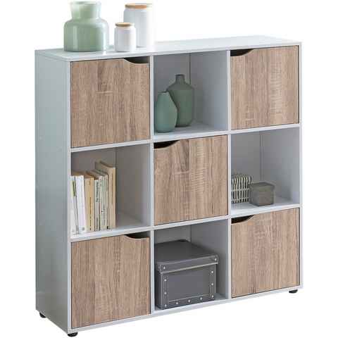 FINEBUY Standregal FB49685, 89x91x29 cm, Bücherregal mit 9 Fächern Sonoma Weiß, Sideboard mit 5 Türen, Würfelregal Raumteiler