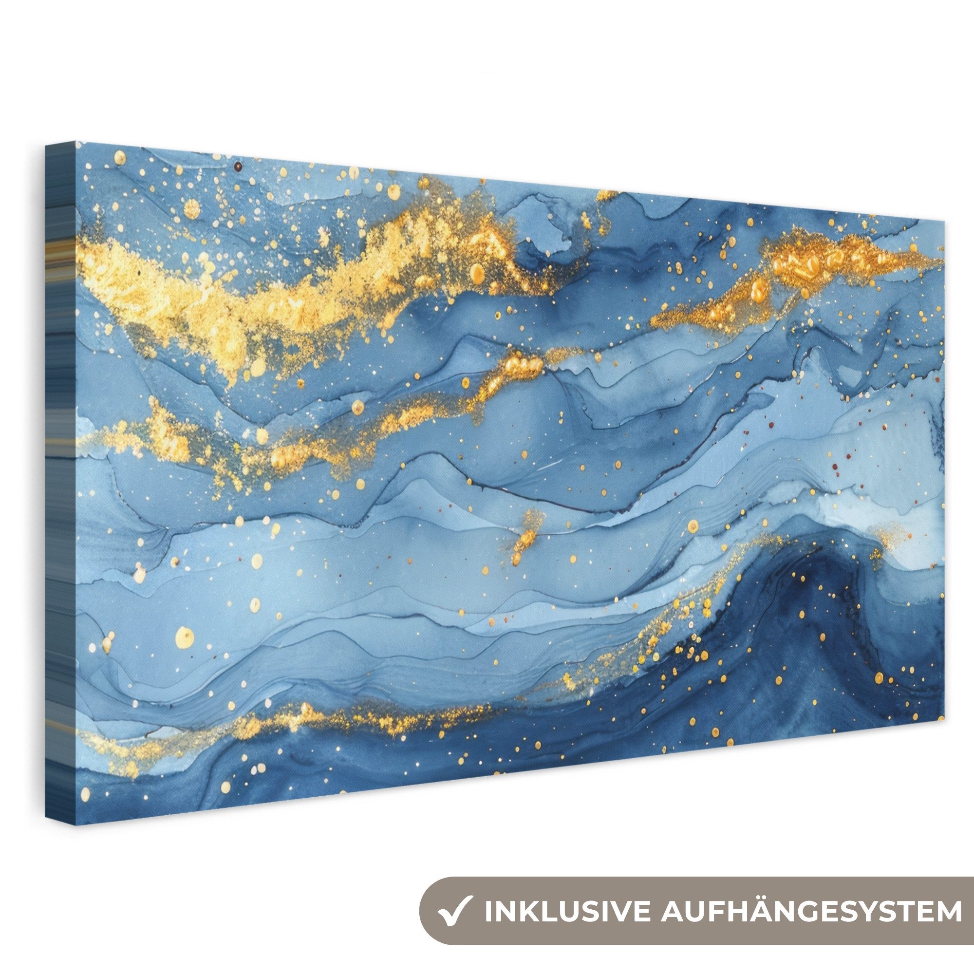 OneMillionCanvasses® Leinwandbild Panorama Aquarell - Blau - Kunst - Gold - Luxus - Modern, Fotodruck (1 St), Wandbild, Deko Schlafzimmer Wohnzimmer Flur 40x20 cm