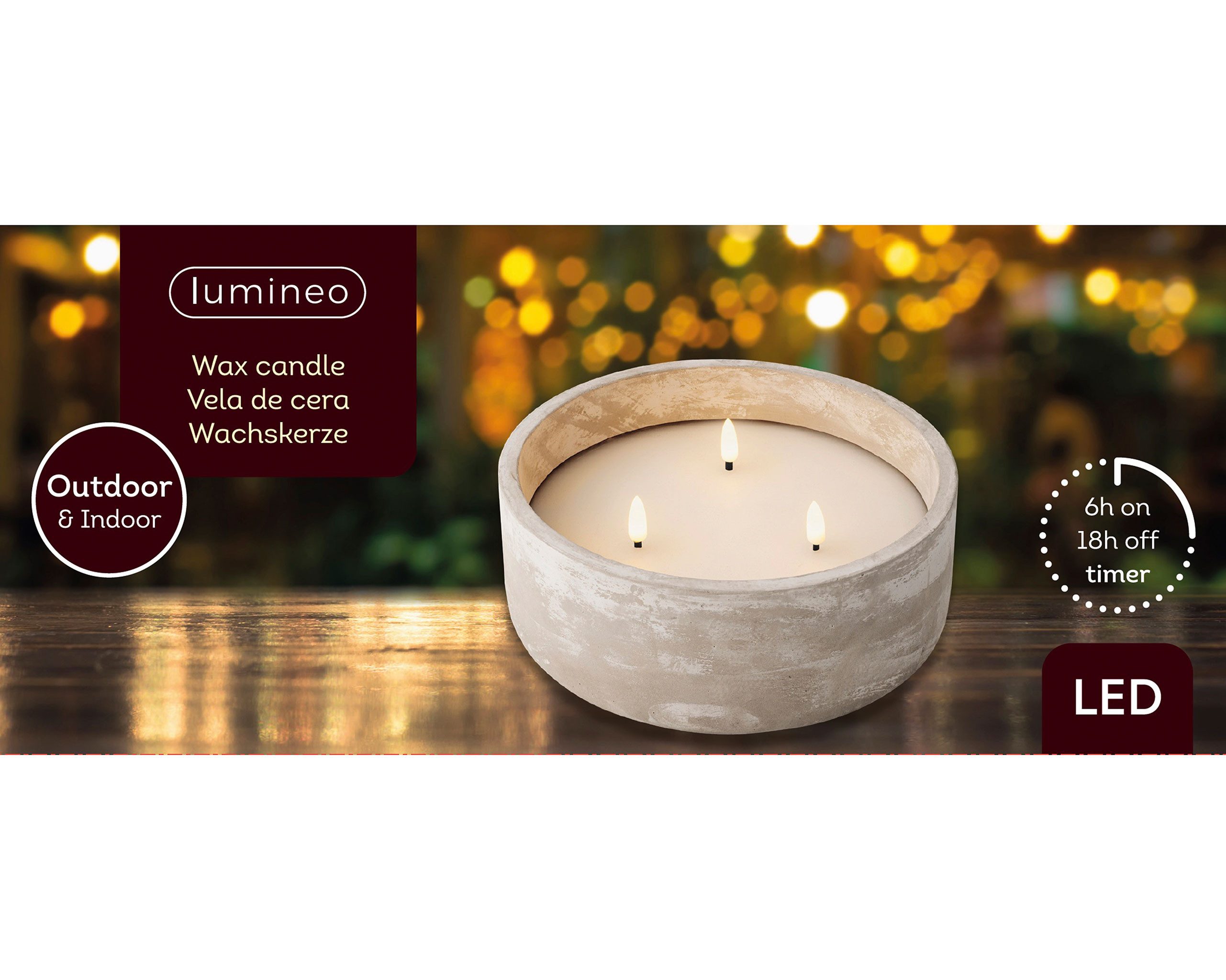 Lumineo LED-Kerze, Timer, warmweiß, LED Kerze 20x8cm mit Timer dreiflammig Wachs Beton Grau / Warmweiß