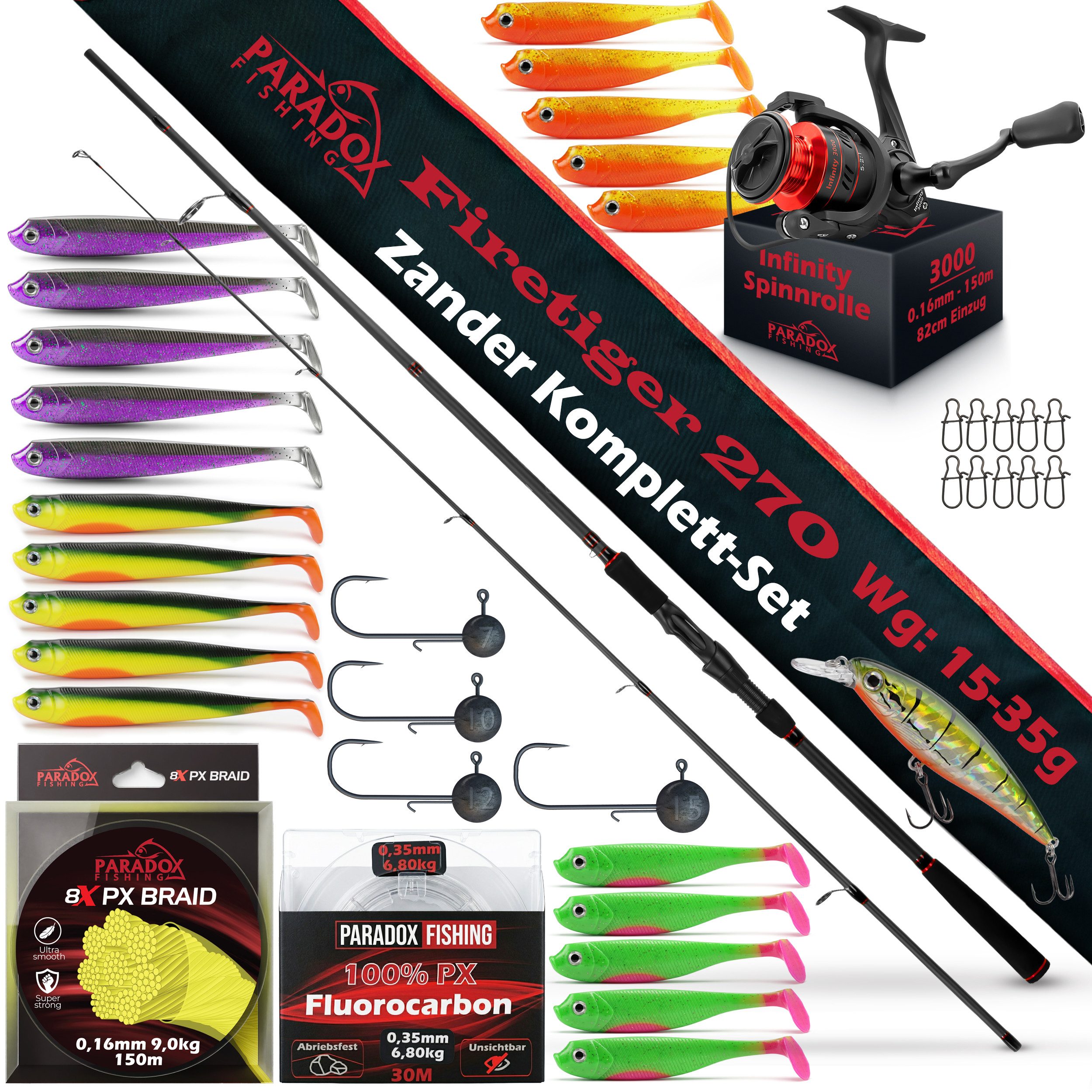 Paradox Fishing Spinnrute Zander Komplett Set Firetiger Spinnrute 15-35g + 3000 Infinity Rolle, (Rute + 3000 Rolle + Köderset), Komplett-Starterset