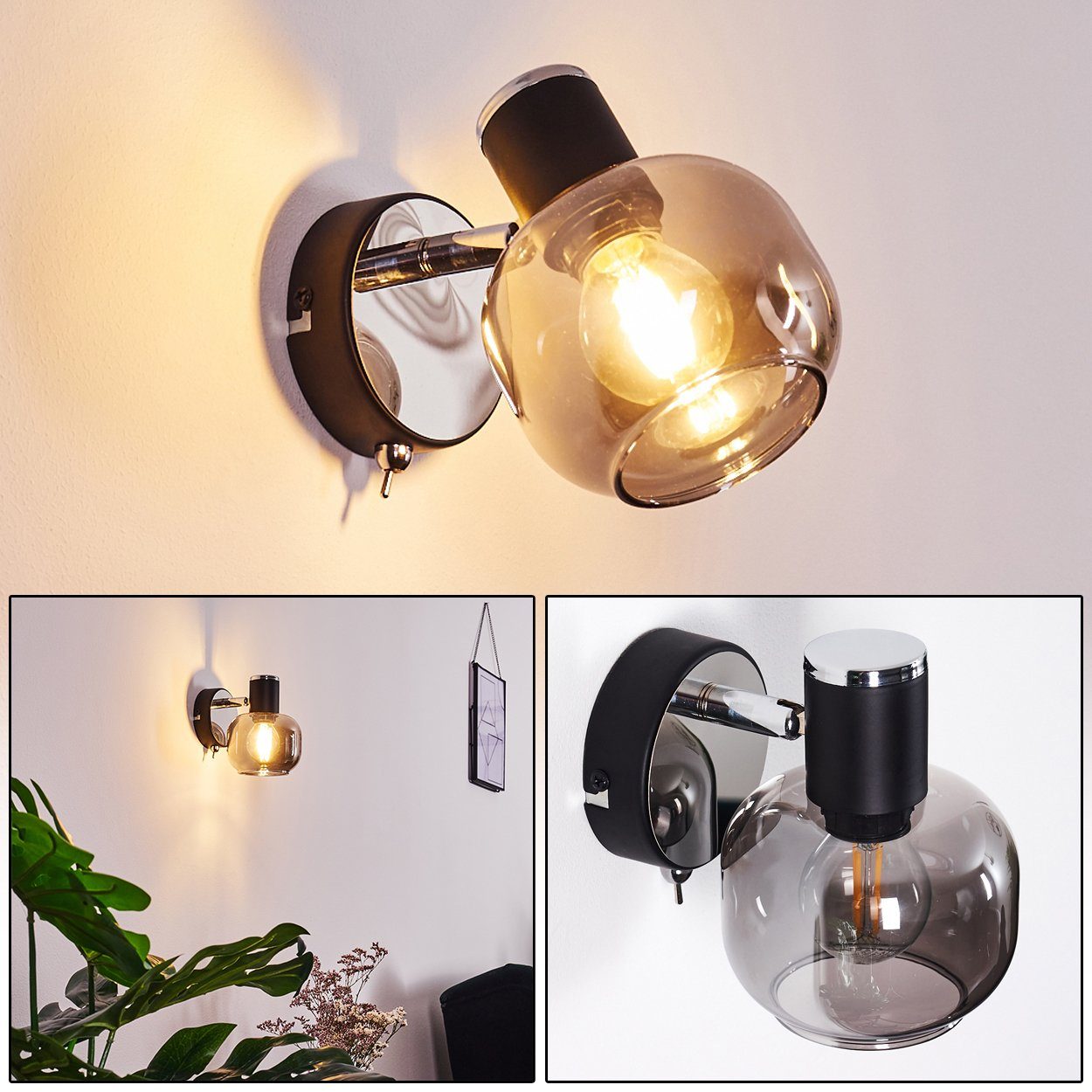 hofstein Wandleuchte »Perito« Wandlampe aus Metall/Glas in Schwarz/chrom/Rauchglas, ohne Leuchtmittel, E14, verstellbarer Wandspot m. An-/ Ausschalter