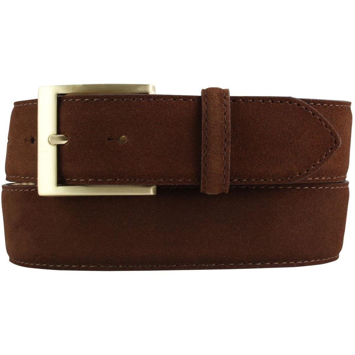 BELTINGER Ledergürtel Jeans-Gürtel aus Veloursleder mit goldener Gürtelschnalle 4 cm - Velou Tabac, Gold | Gürtel