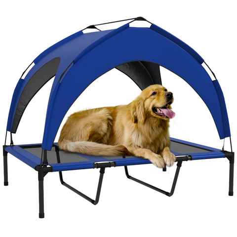 PawHut Tierbett Erhöhtes Hundebett mit Baldachin, Outdoor Hundeliege mit Dach, Oxford, Taftstoff, für große Hunde Dunkelblau Oxford 106 x 76 x 94 cm