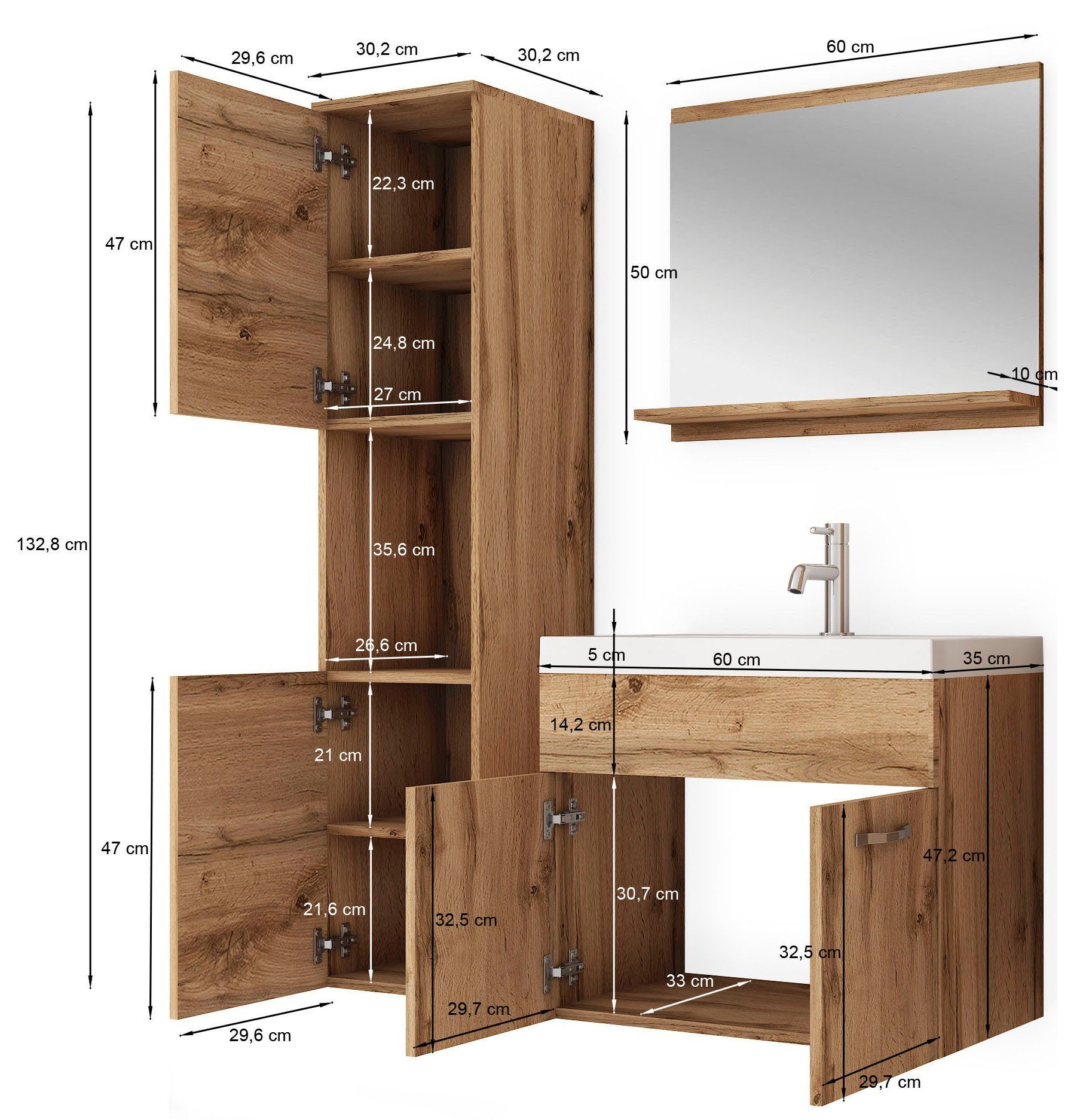 welltime Badmöbel-Set Lorca, Set Unterschrank Lorca Waschbecken Hochschrank Breslau Kastanien 60cm Waschtisch L