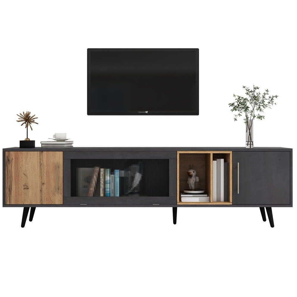 3 TV-Schrank geeignet Holz 200x40x55,5 mit Packung, und Fernsehtisch für Fach Set) Türen Stauraum 90-Zoll-Fernseher mit (2 1er 1-St., Fernsehschrank cm, einen BlingBin