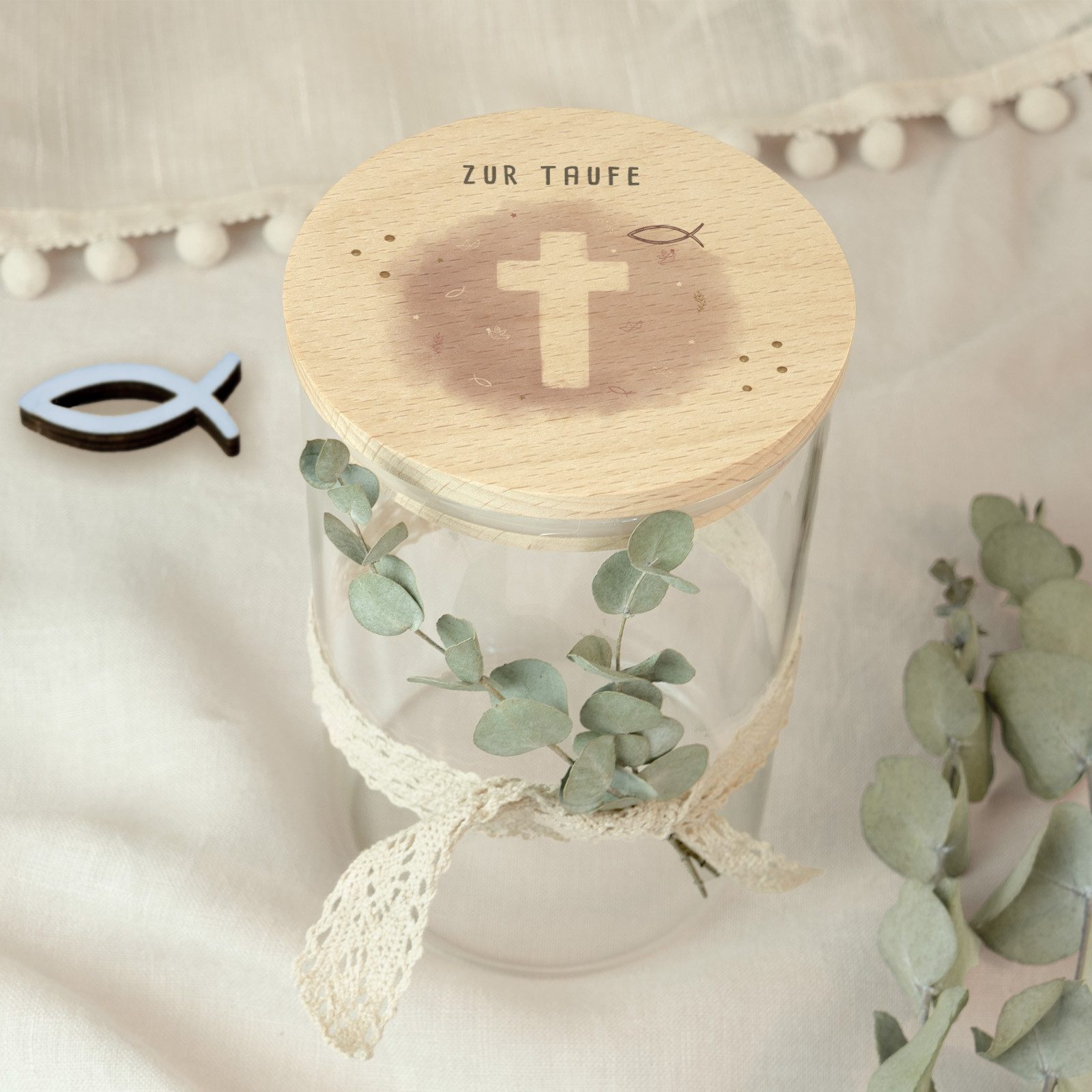 hellomini Geschenkbox Vorratsglas Taufe Kreuz rosa Klein (880 ml)