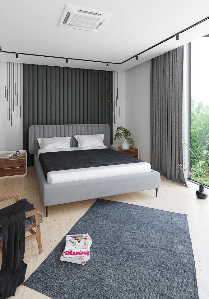 Holz Stoff Bett, JVmoebel Polster Neu Grau Doppelbett Schlafzimmer Design Möbel