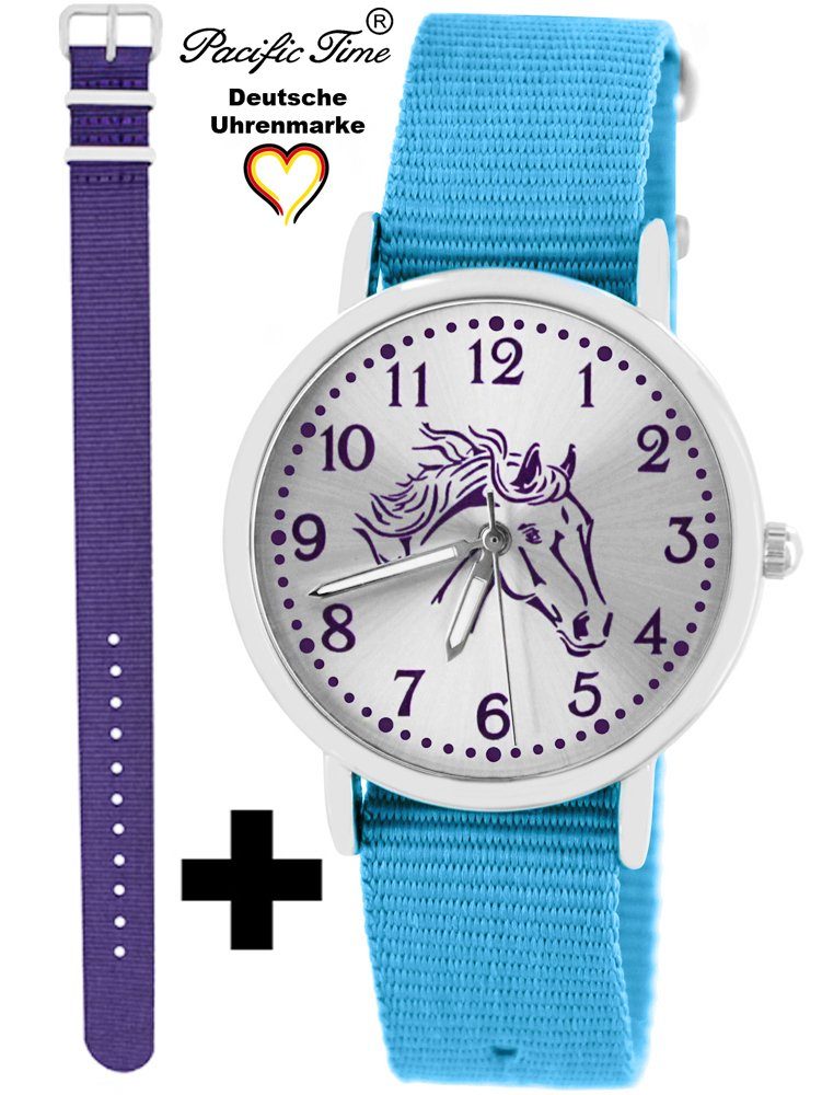 Pacific Time Quarzuhr Set Kinder Armbanduhr Pferd violett Wechselarmband, Mix und Match Design - Gratis Versand violett und hellblau