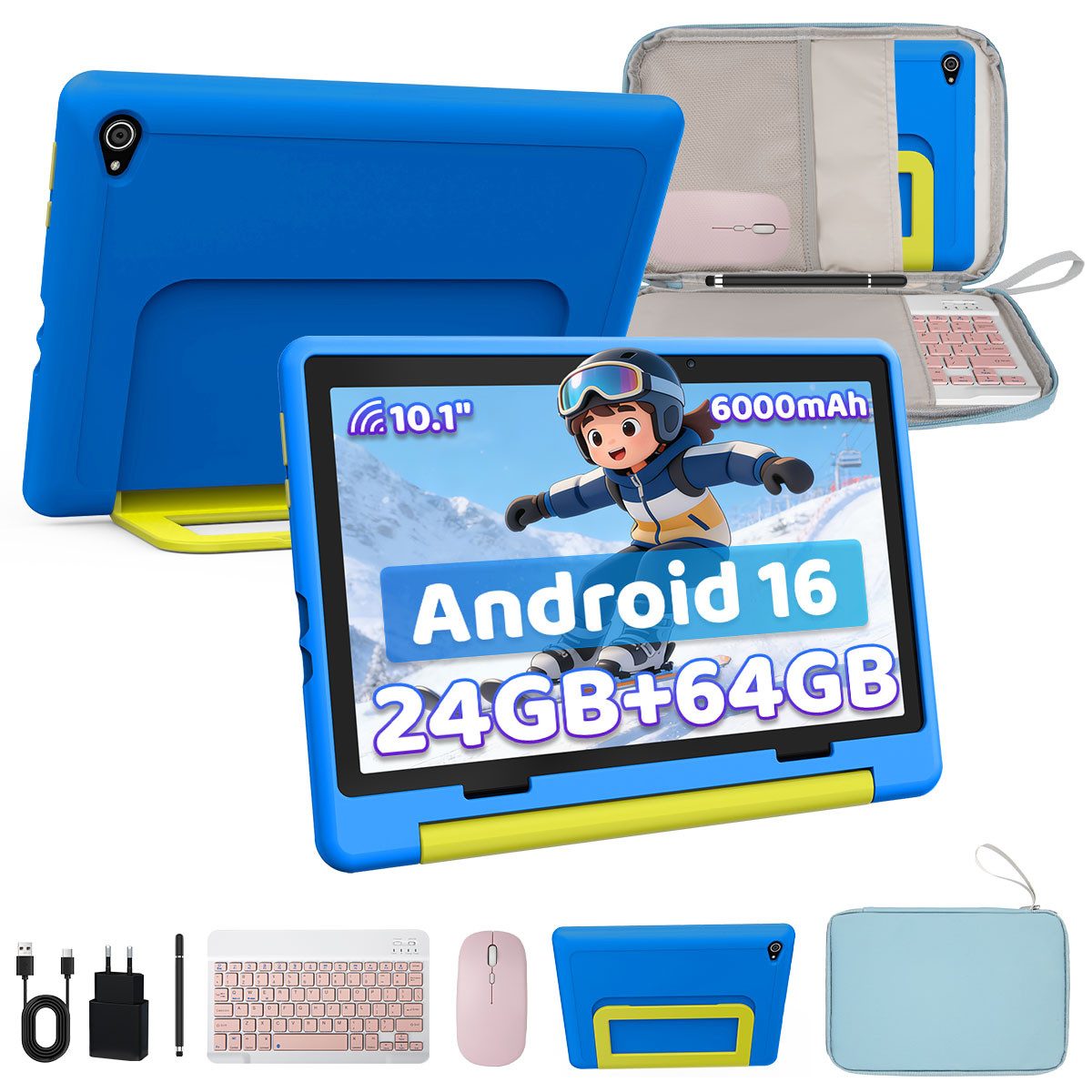 BUFO 10'' Android 64GB 1280x800 HD IPS WiFi 6 Lern Kinder Tablet (10", 64 GB, Android 16, 5G WiFi, Elterliche Kontrolle, mit Tastatur, Stift, Maus und Tasche)