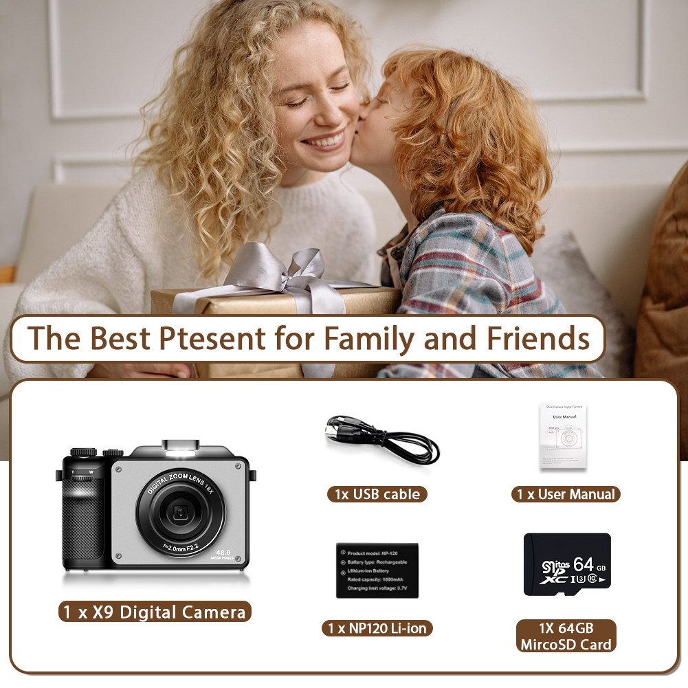 Fine Life Pro X9-updated Kompaktkamera (48 MP, WLAN (Wi-Fi), inkl. 64 GB TF-Karte und 3 Ersatzpanels, 4K 48 MP Fotokamera mit Front- und Rückobjektiv)