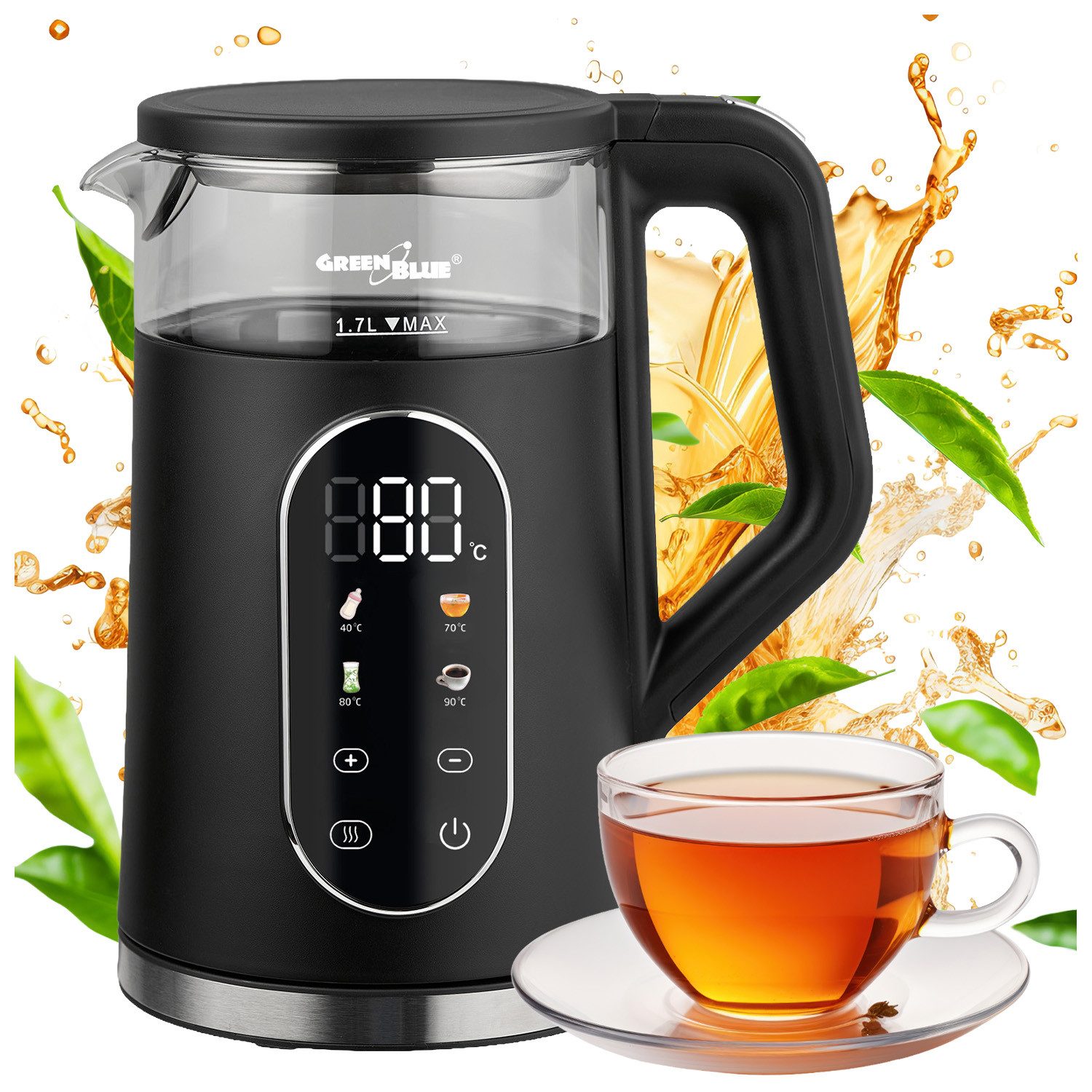 GreenBlue Wasserkocher GB670 B Kabelloser Wasserkocher 2200 W 1,7 L, 1,7 l, 2200 W, Glasbehälter, gut ablesbares Display, Temperaturwahl