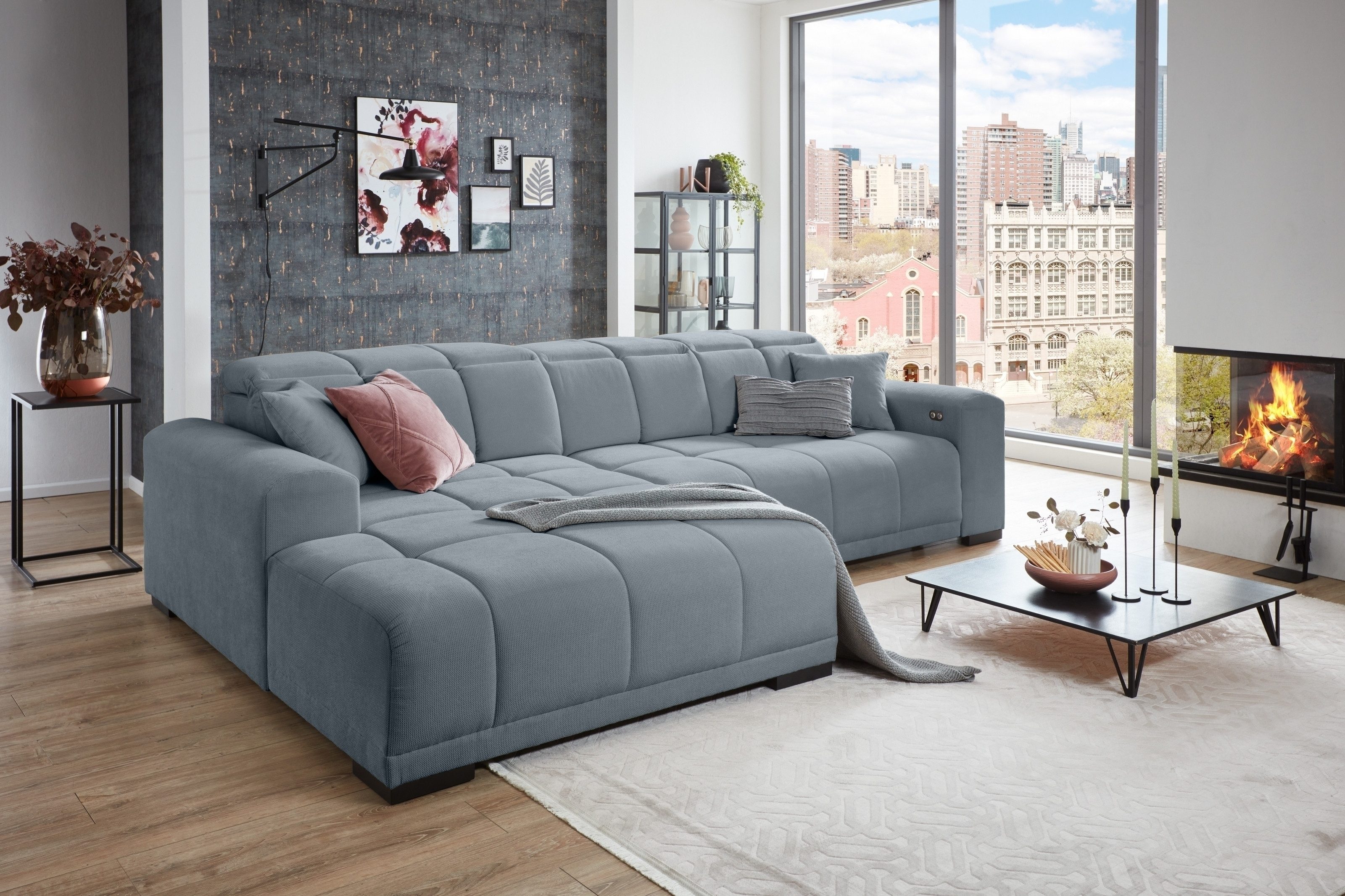 Iwaniccy Wohnlandschaft Kopfteilverstellung, Sitzverstellung, blaugrau - 301x113x195cm (BxHxT)