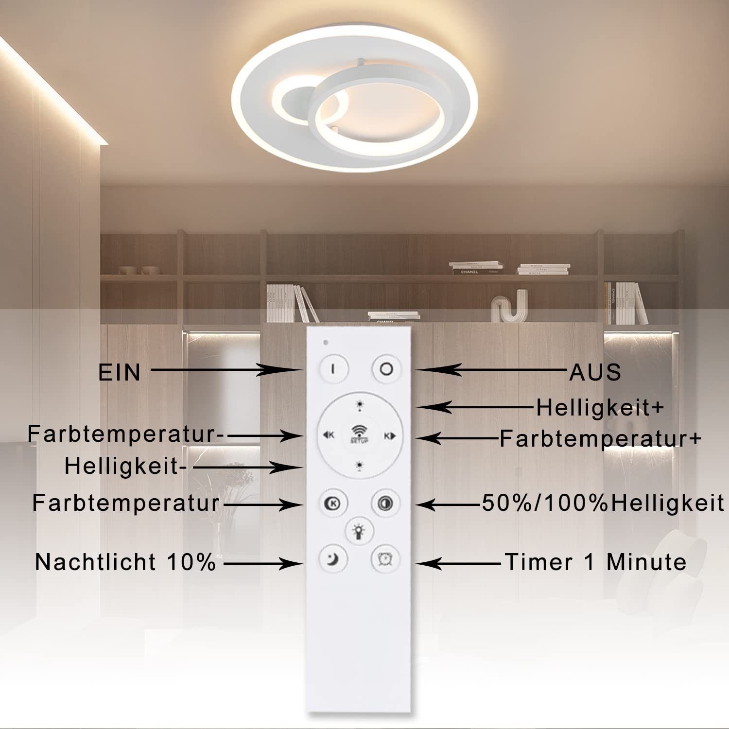 Wohnzimmer integriert, LED Nettlife Esszimmer Weiß Deckenleuchte Deckelampe LED Fernbedienung Schlafzimmer für fest Modern, mit Dimmbar Schwarz 33W 3000-6500K,