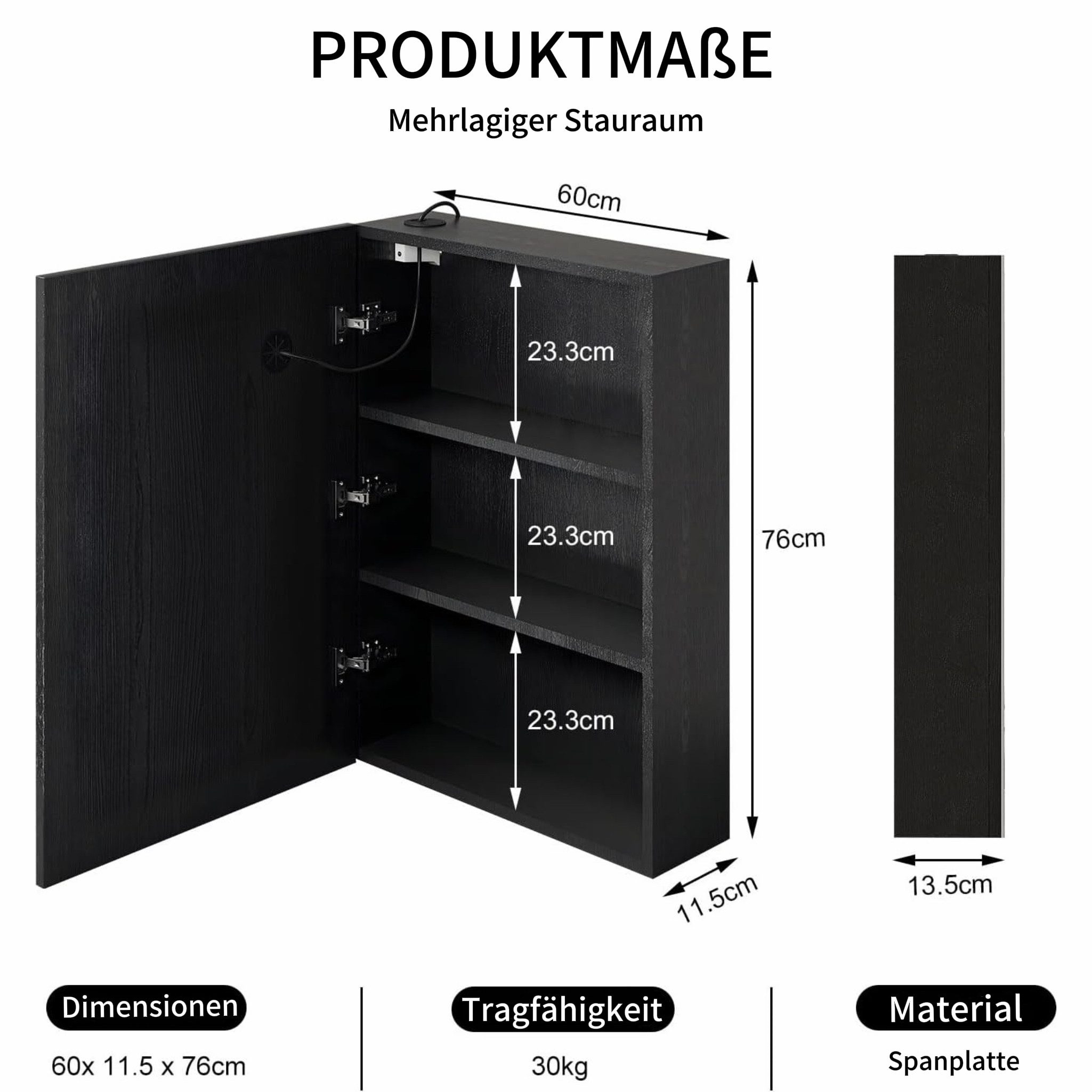 radelldar Spiegelschrank LED Badspiegelschrank mit Stauraum, Hängender Medizinschrank (1-St) mit 3 Lichtfarben & Speicherfunktion, 60 x 76 cm