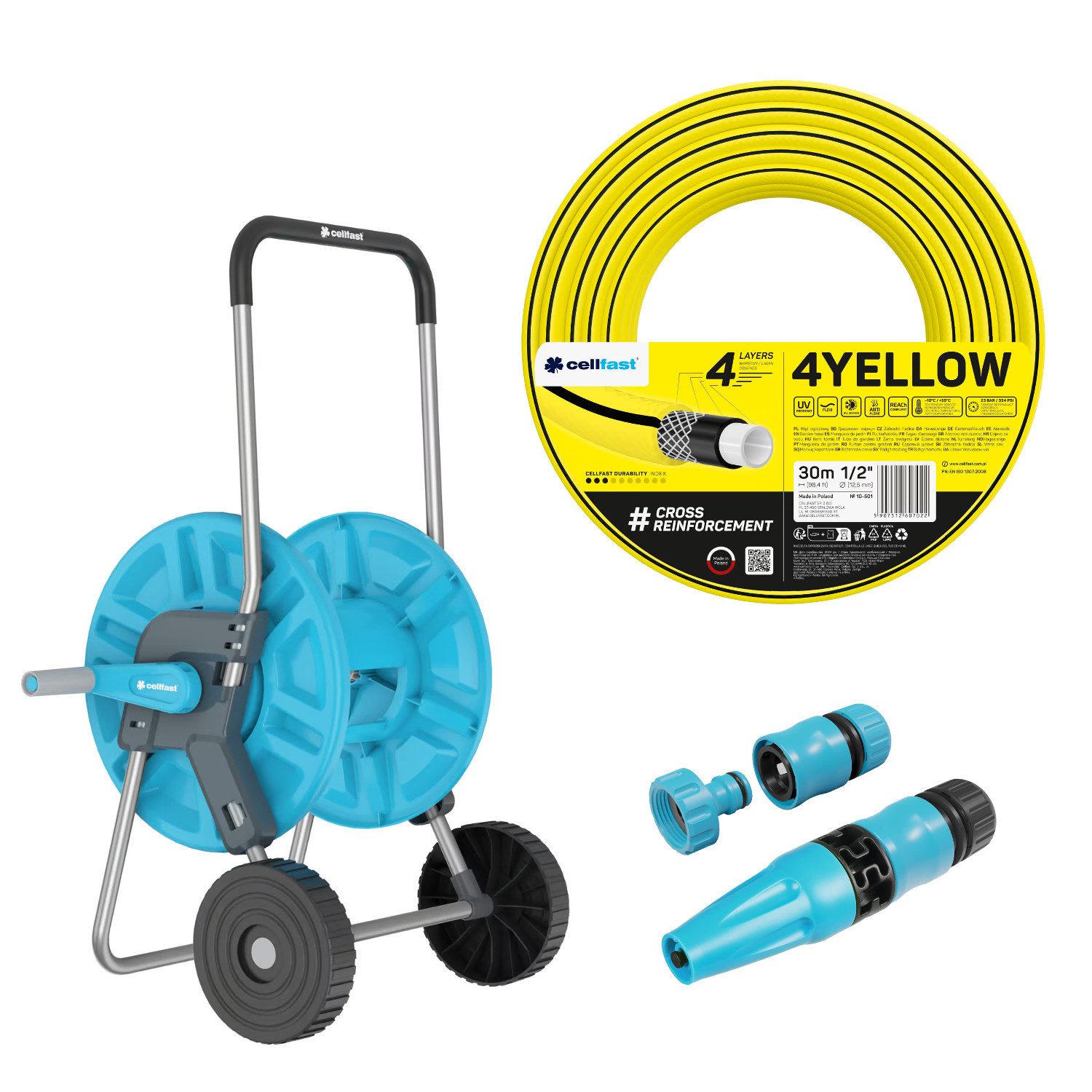 Cellfast Schlauchwagen Aluplus 1/2" 60 m, 4YELLOW Gartenschlauch 30 m, Basic Sprühkopf 1/2", All Season, Anti Algae, Flexi, ReaCh Compliant, UV Resistant
