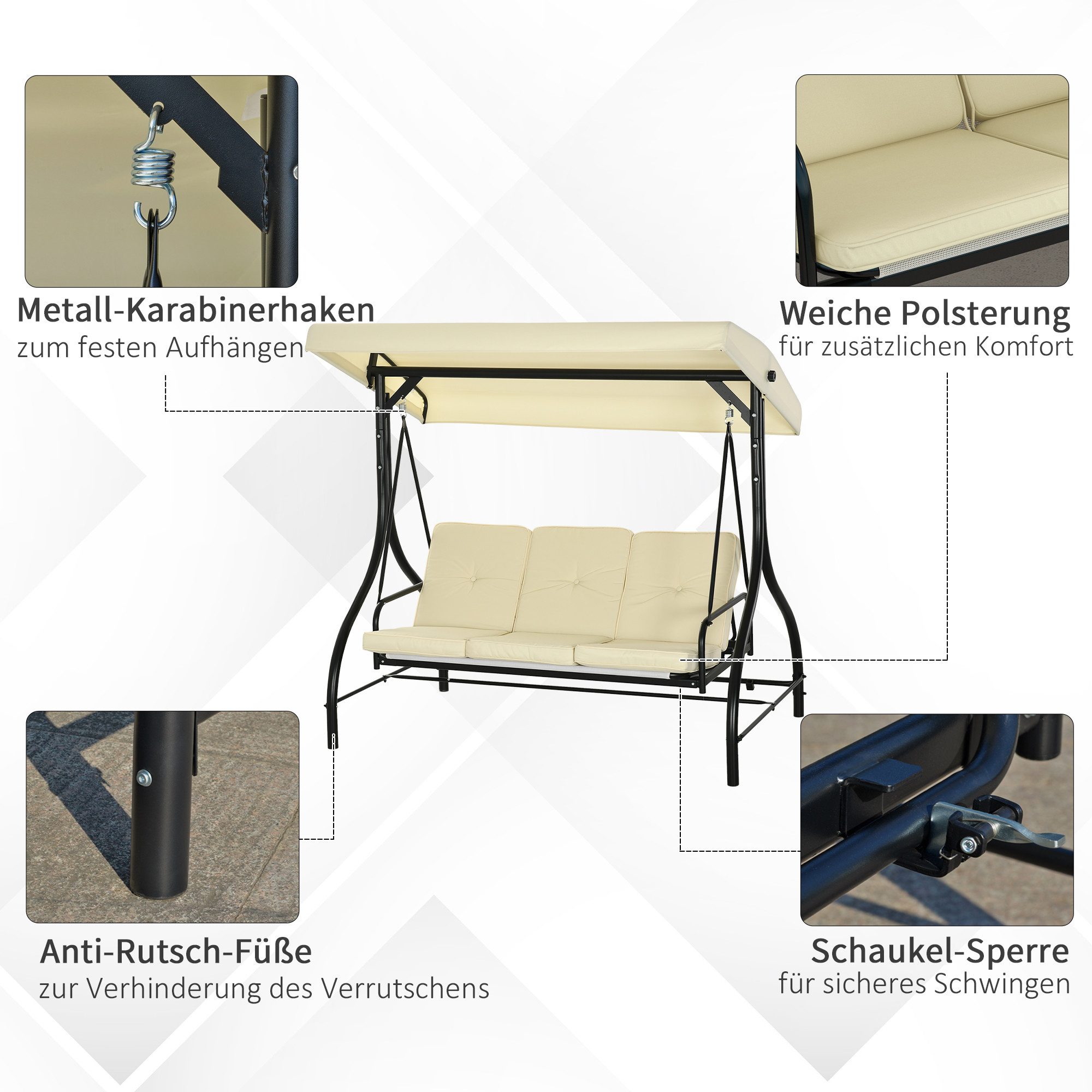 Outsunny Hollywoodschaukel 2 in 1 mi Liegefunktion, verstellbarem Sonnendach, belastbar bis 240kg, 3-Sitzer, Bettfunktion, 3-Sitzer Gartenschaukel, 1 tlg., Schaukelbank, für Garten, Terrasse, 195 x 117 x 175 cm, Beige