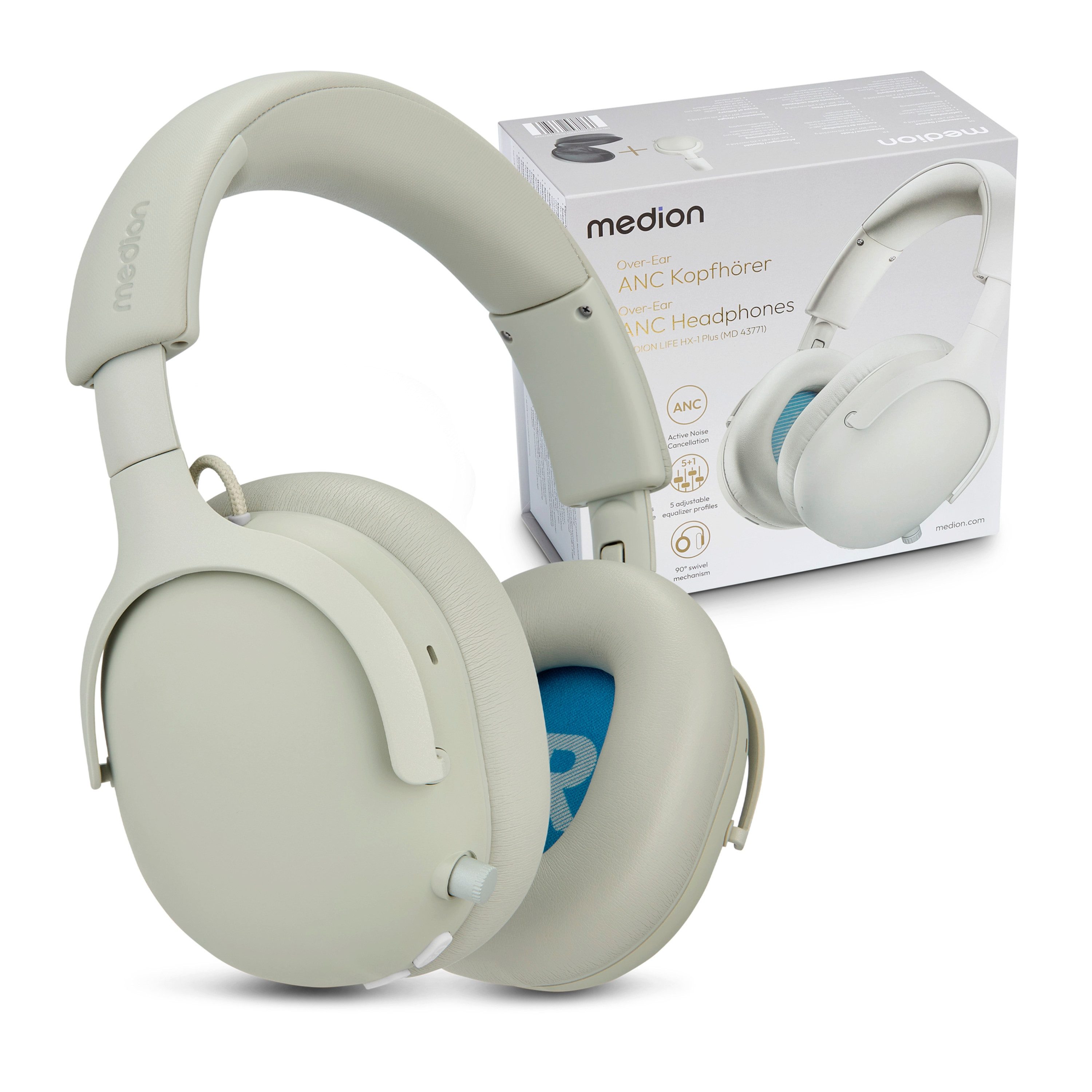 Medion® LIFE HX-1 Plus Over Ear-Kopfhörer (MD43771) Kopfhörer (An/Aus Anzeige, Austauschbare Ohrpolster, AUX-Eingang, Bluetooth, Drahtlos, Drehbare Ohrmuscheln, Integrierte Akku, LED-Beleuchtung, Spritzwasserschutz, USB-Ladefunktion, via Wiedergabegerät, A2DP, AVRCP, HSP, HFP, 100 Std. Akku,Noise Cancelling,Bluetooth 6.0,IPX4 Spritzwasserschutz)