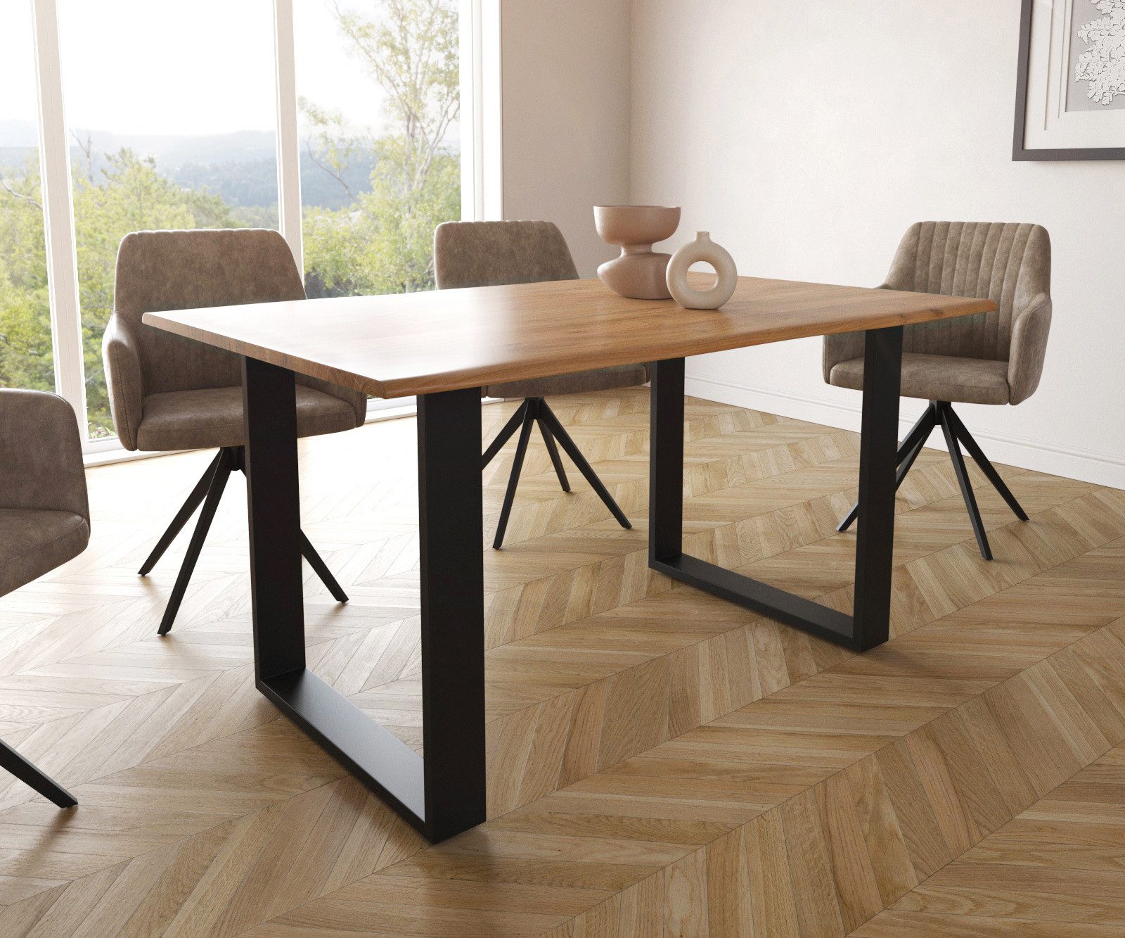 DELIFE Esstisch Edge, S Akazie Natur 140x90 Kufe Schwarz Live-Edge günstig online kaufen