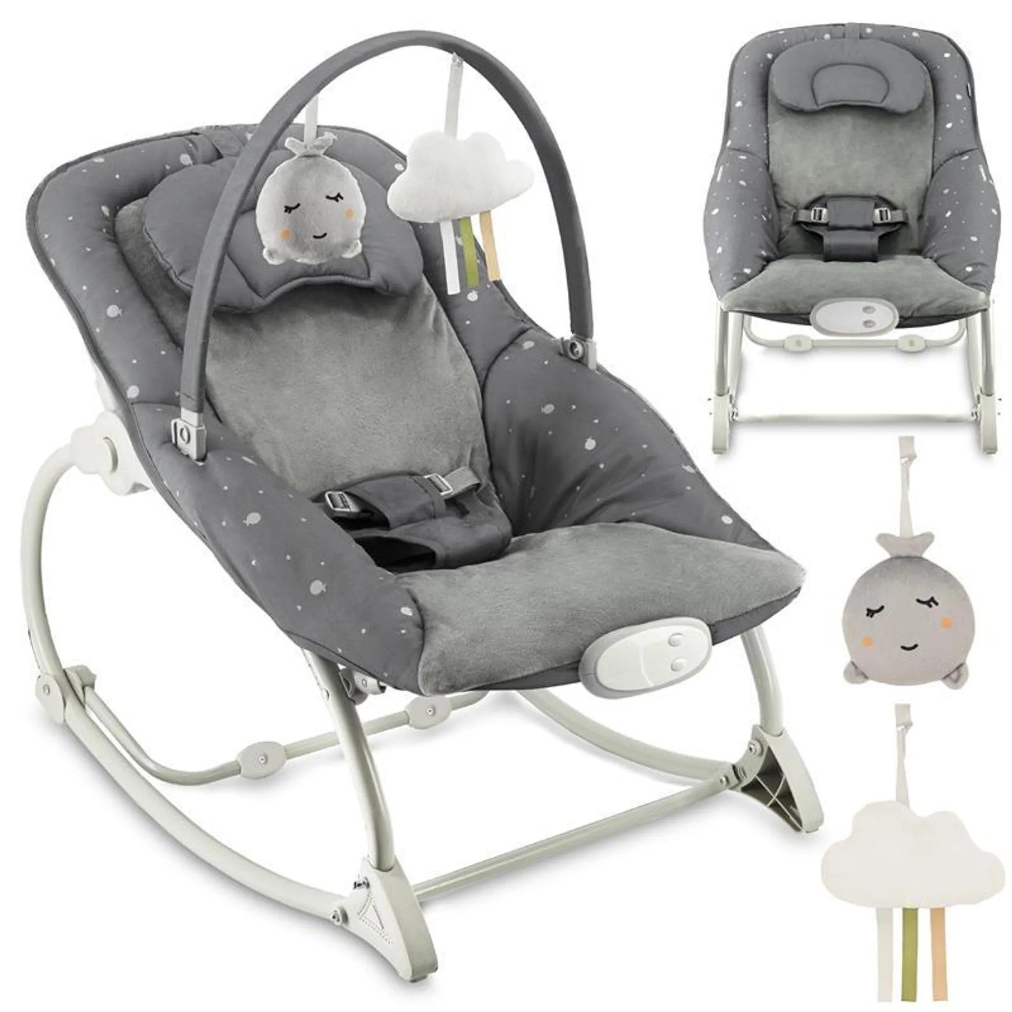 MoMi Babyschaukel LAPIS Elektrische Babywippe mit Musikmodul in Hellgrau - 8 Melodien, Babyliegesitz, manuelle Schaukelbewegung, Sensorik-Spielzeuge