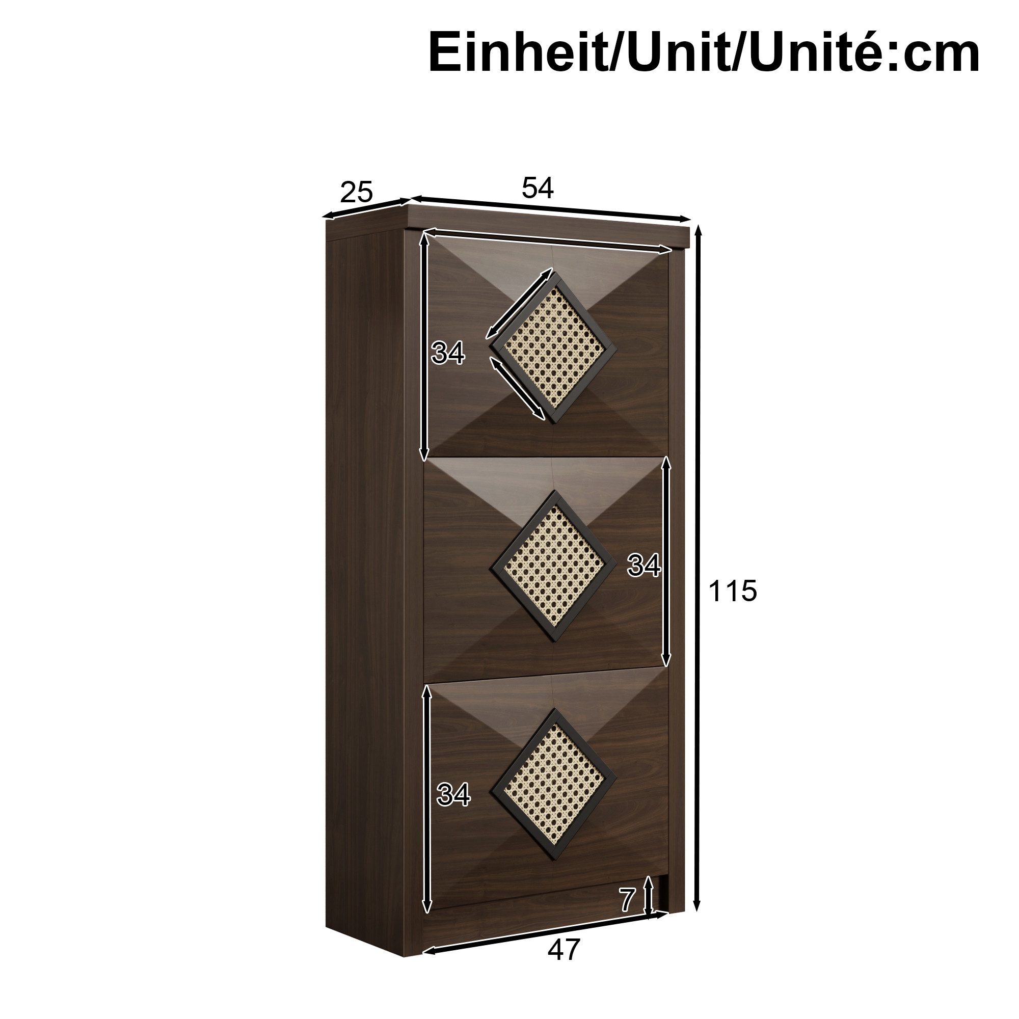 BlingBin Schuhschrank Schuhregal Schuhkipper Schuhkommode (Er bietet Platz für 12 bis 18 Paar Schuhe, 1-St., mit 3 Türen) 54L × 25B × 115H (cm), Holzoptik