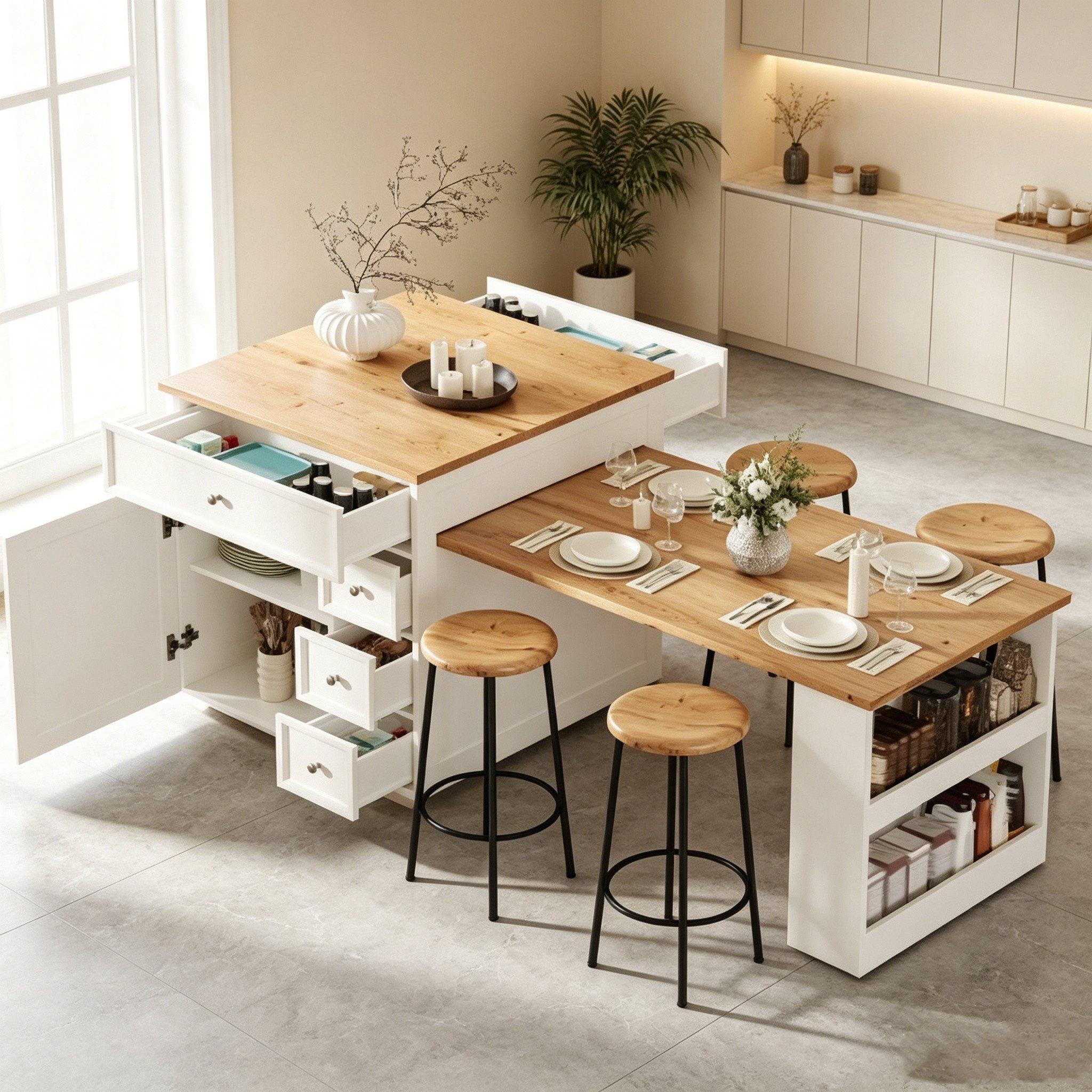 BlingBin Küchentisch Ausziehbare Kücheninsel 120–184 cm mit Schubladen und Rollen Stauraum (3 Packung, 1-St., Moderne Vielseitige Thekeninsel Holzoptik-Tischplatte mit 5 Schubladen), Platzsparender für Küche, Esszimmer & Bartresen,Ohne Barhocker