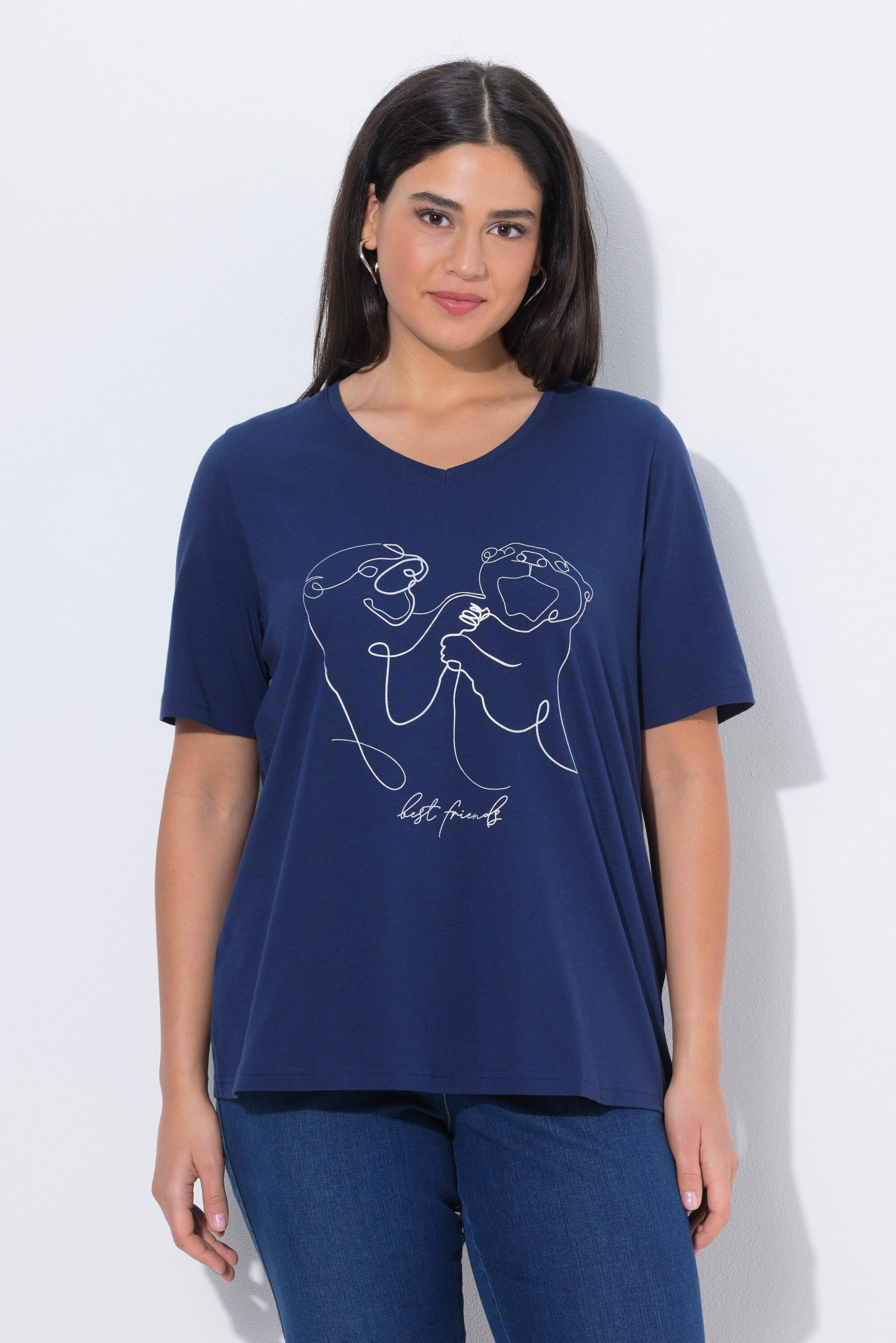 Ulla Popken T-Shirt T-Shirt Tiermotiv Classic V-Ausschnitt Halbarm