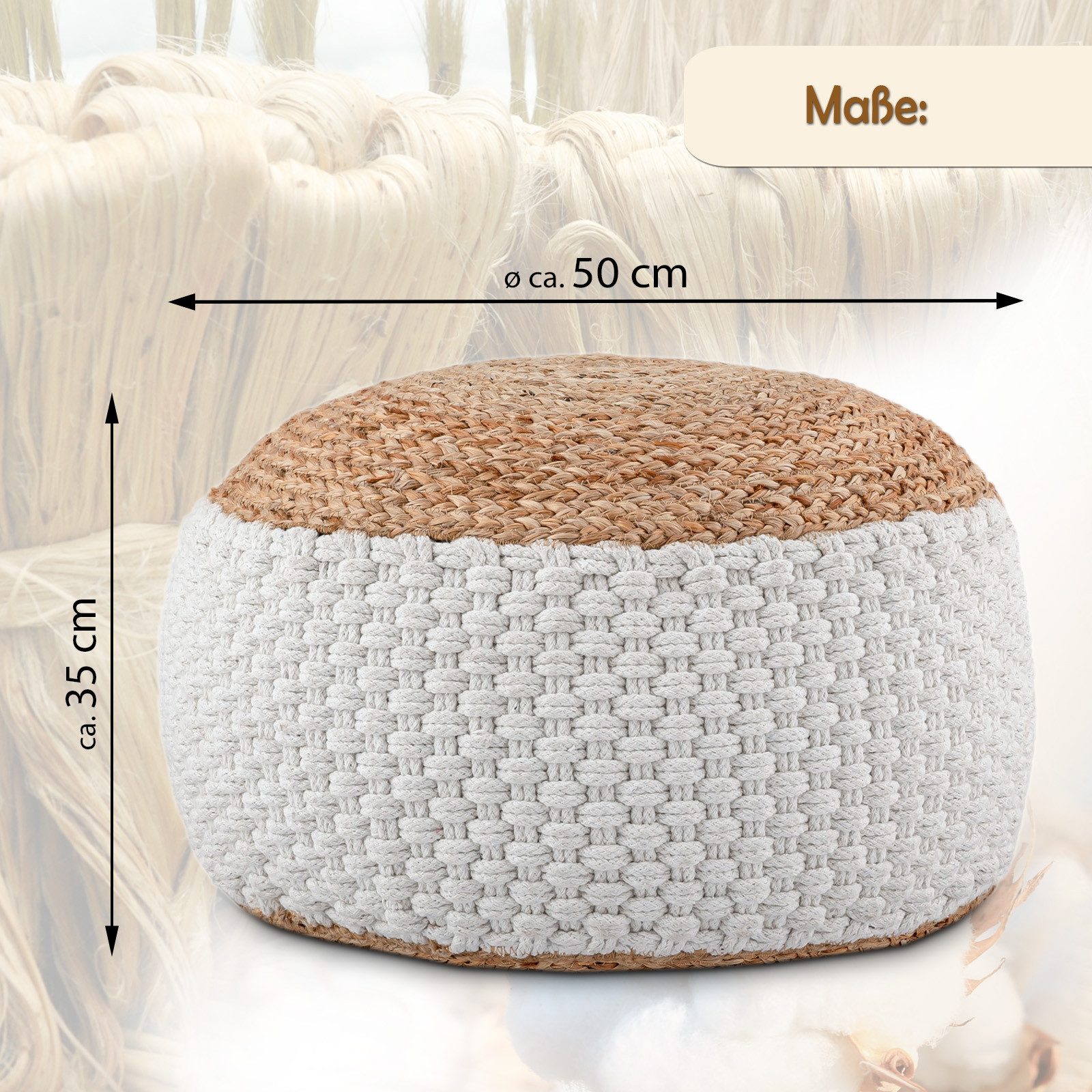 Amagohome Sitzhocker Sitzhocker Sitzpouf Jute Bodenkissen rund quadratisch Deko Hocker Fußh