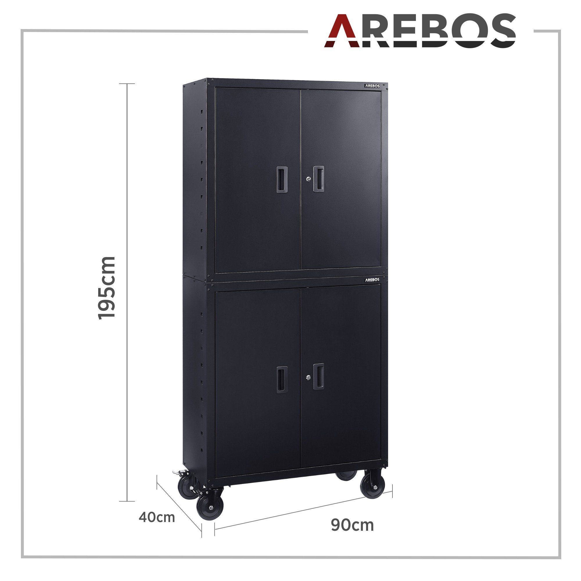 Arebos Aktenschrank Büroschrank, 195 x (Set) Türen, 40 mit 2er Räder 90 x cm, 4 Set