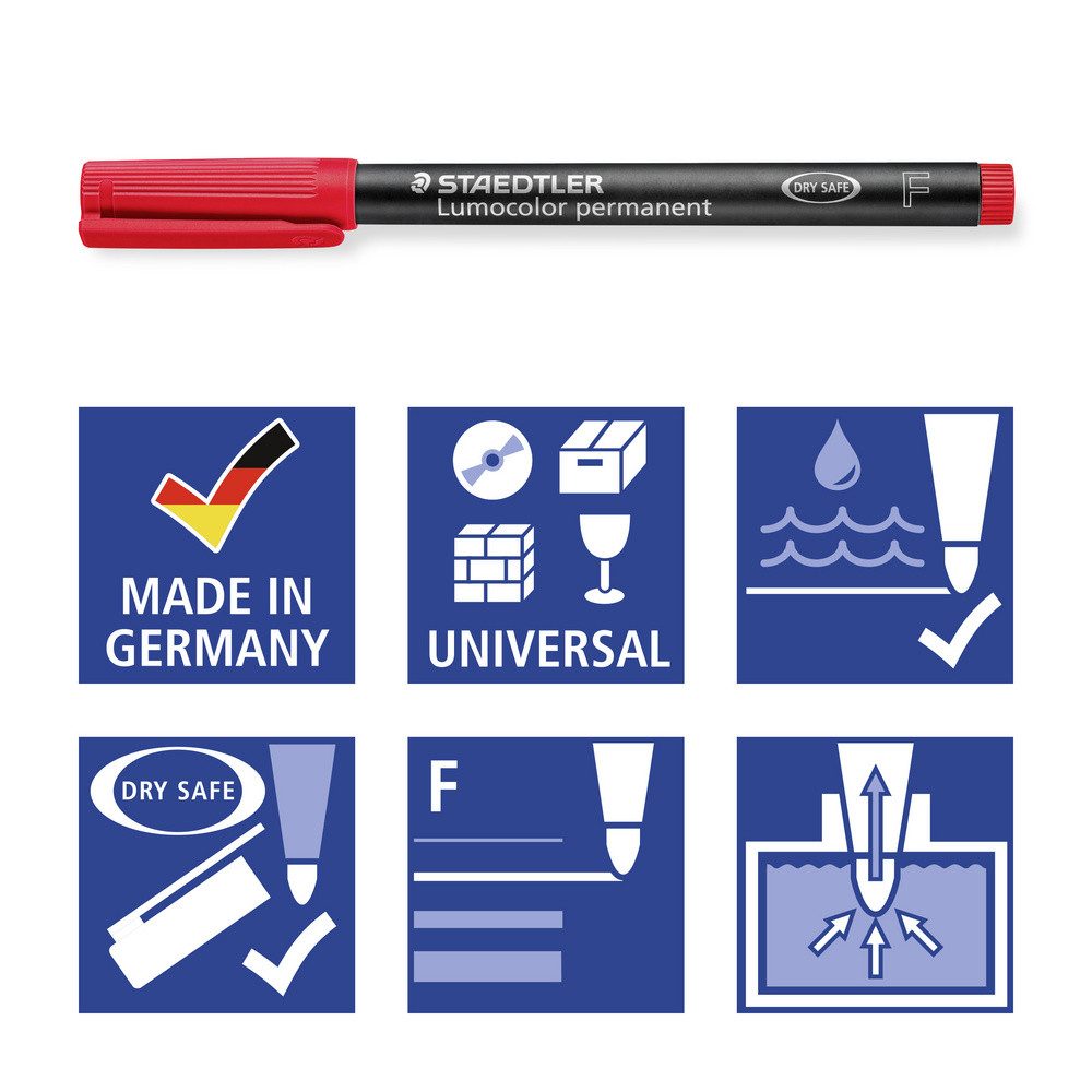 STAEDTLER Permanentmarker Staedtler Lumocolor permanent F DRY SAFE 318 WP4 Permanentmarker Rot