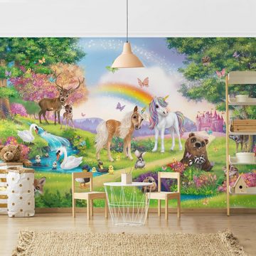 Bilderdepot24 Kindertapete Kinderzimmer Zauberwald mit Einhorn Kinder Wanddeko Regenbogen, Glatt, Matt, (Inklusive Gratis-Kleister oder selbstklebend), Mädchenzimmer Jungenzimmer Babyzimmer Bildtapete Fototapete Wandtapete