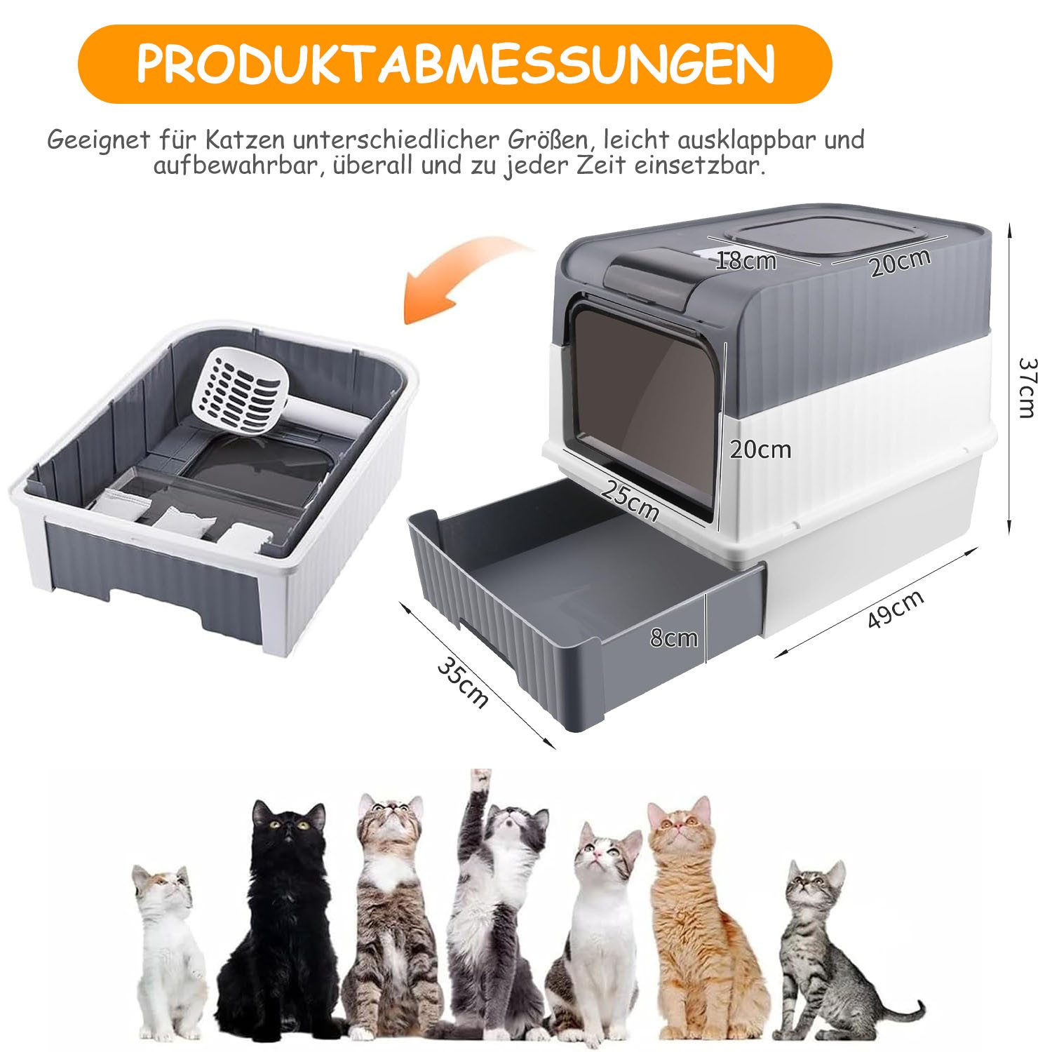 HEYHIPPO Katzentoilette Große faltbare Katzentoilette mit Deckel, Schaufel und PP-Material, Geruchs- und spritzwassergeschützte Katzenstreu-Box, 35x49x37 cm