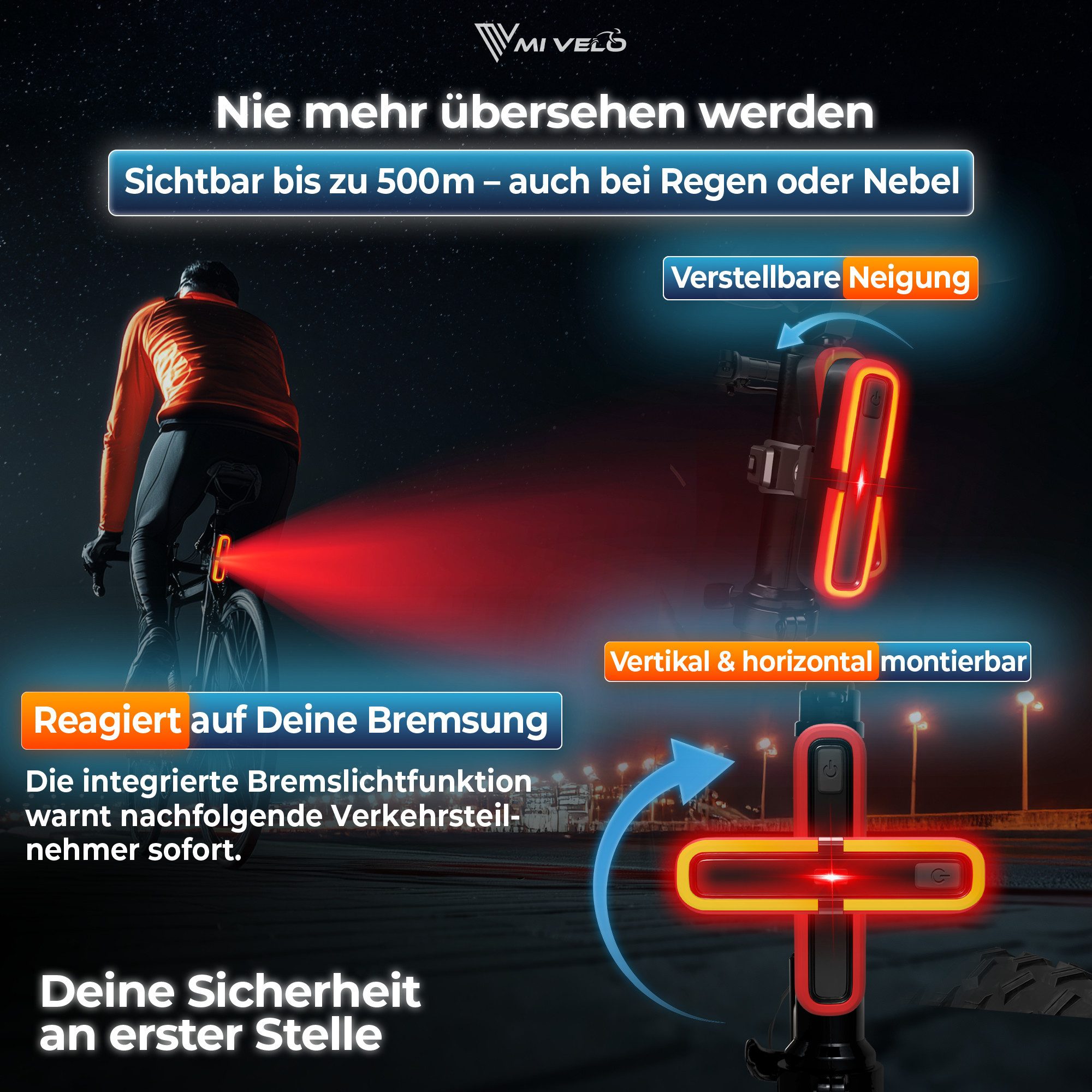 MIVELO Fahrradbeleuchtung COB Pro Fahrradlicht LED Set mit Bremsfunktion Akku USB aufladbar, StVZO zugelassen