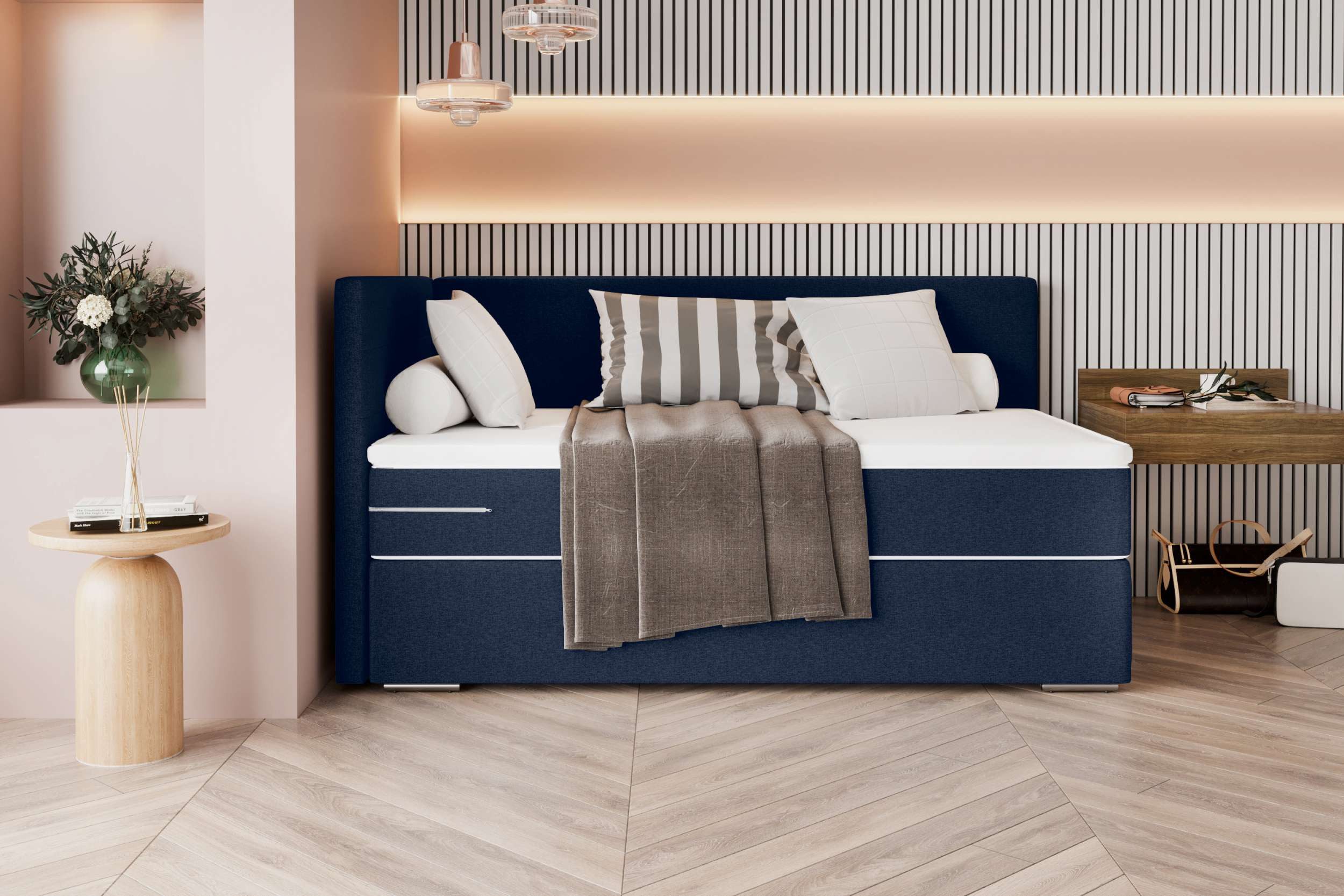 99rooms Boxspringbett Phönix Mini Plus (Schlafzimmerbett, Bett), mit Taschenfederkernmatratze und Topper, in Webstoff MALMO_NEW