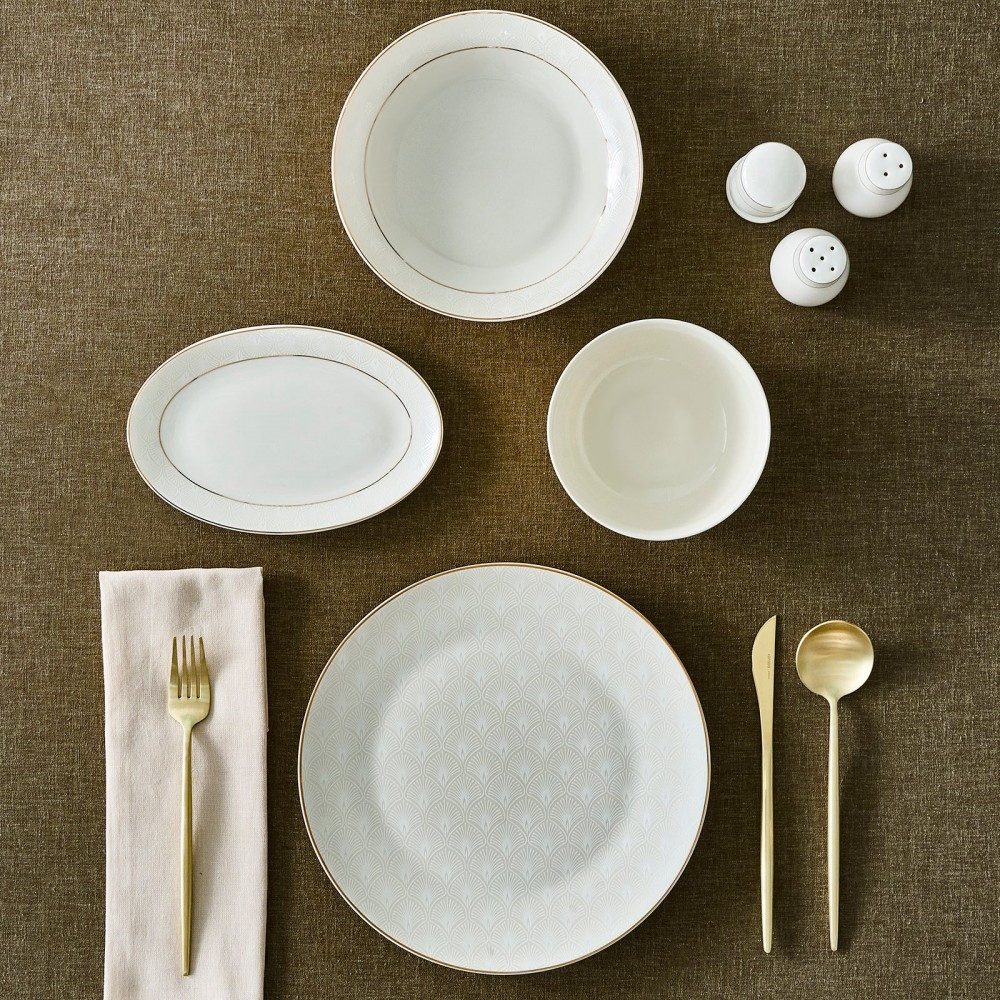 Karaca Geschirr-Set Karaca Elegance Bone Mandarin 53-teiliges Geschirrset für 12 Personen, Gold Kombigeschirr Tafelservice Tellerset Serviceteller
